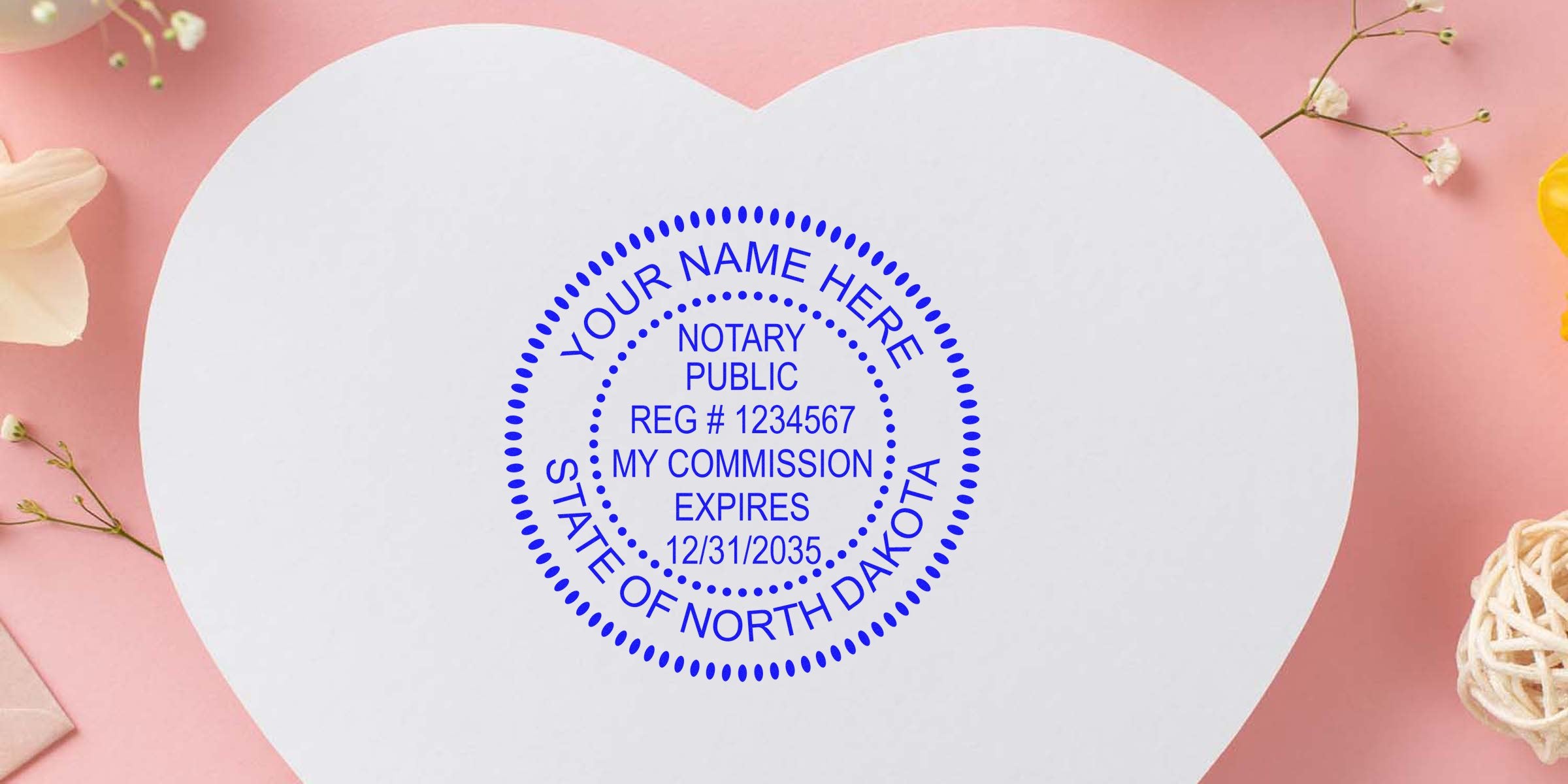 Reliable ND notary stamps on heart-shaped paper with floral background, featuring durable seals.