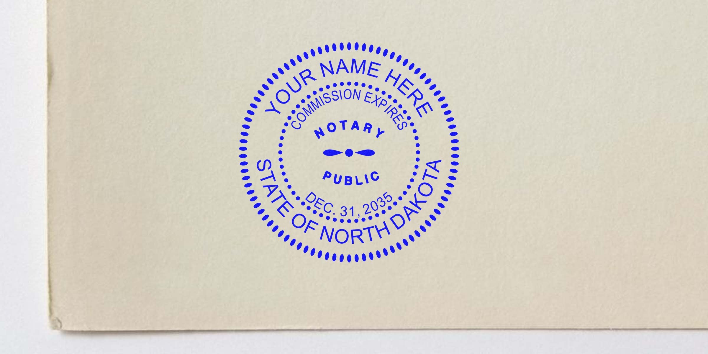 North Dakota notary stamp on official document with commission expiration date, emphasizing online notary services.