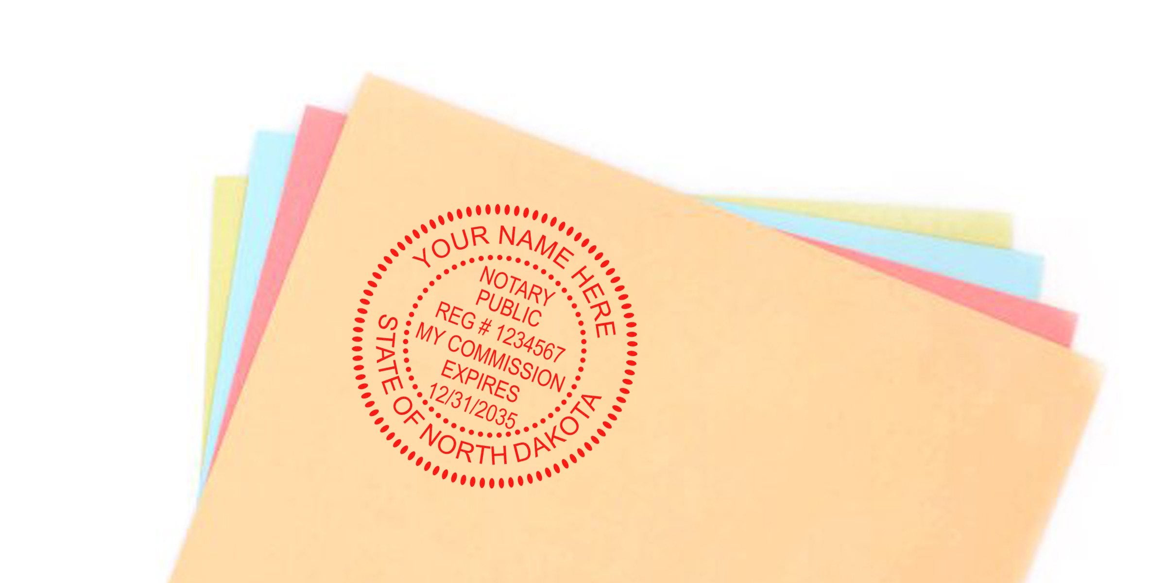 North Dakota notary stamp on colorful legal documents for stamp renewal and meeting ND notary renewal requirements.