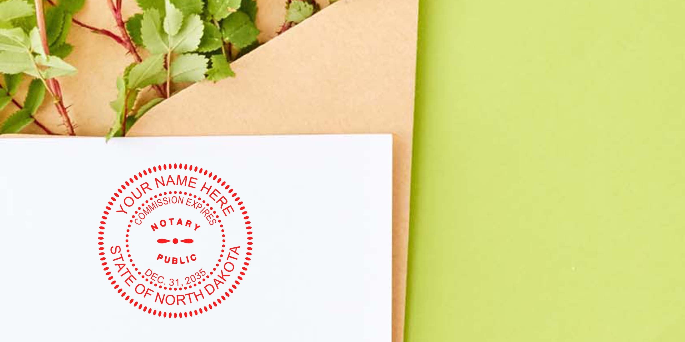 Custom North Dakota notary seal stamp on white paper with green leaves and envelope background, crafted per notary public guidelines.