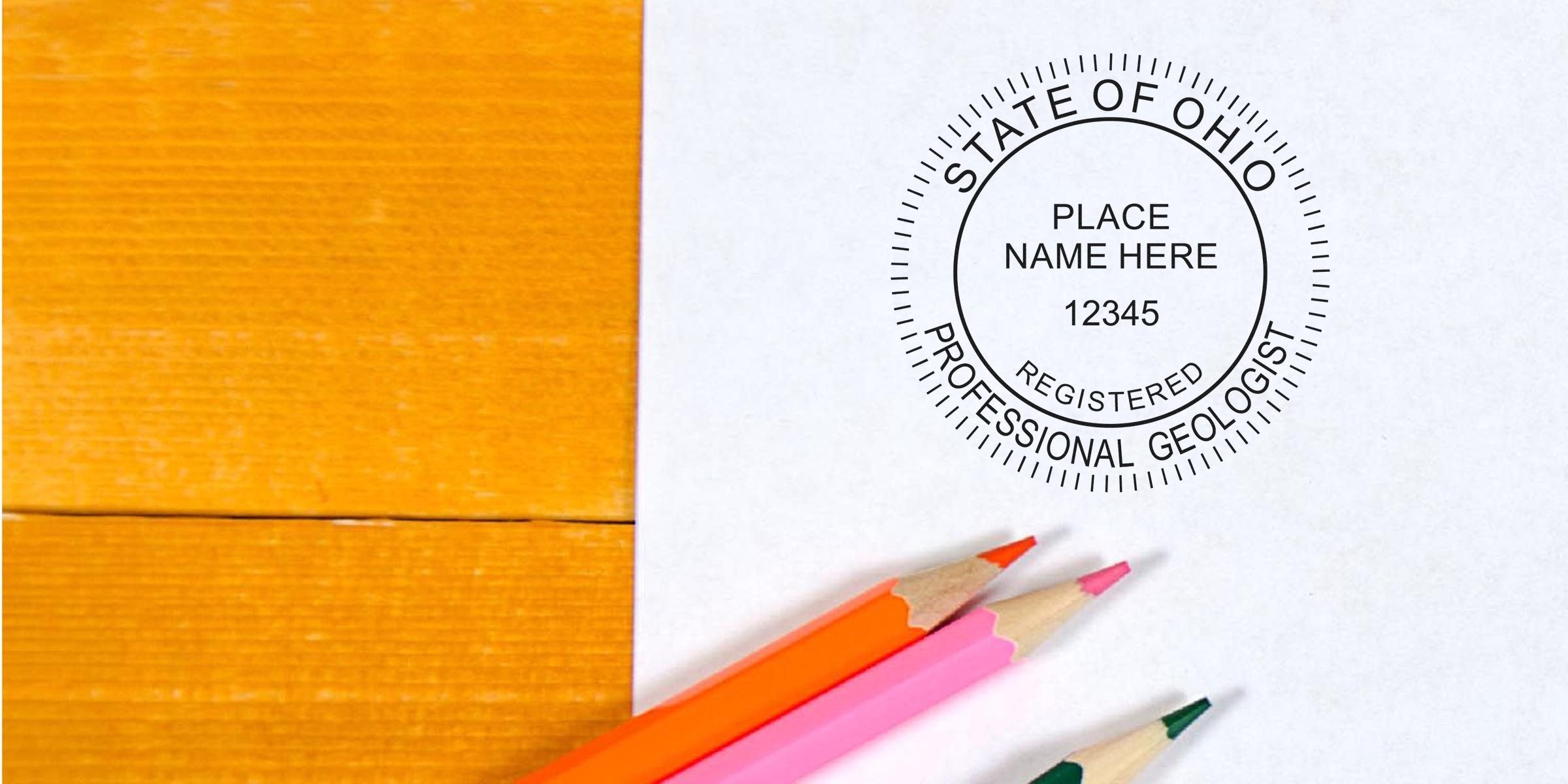 Ohio Geologist Seal stamp on white paper with colored pencils, emphasizing the Geologist Seal's role in professional validation.