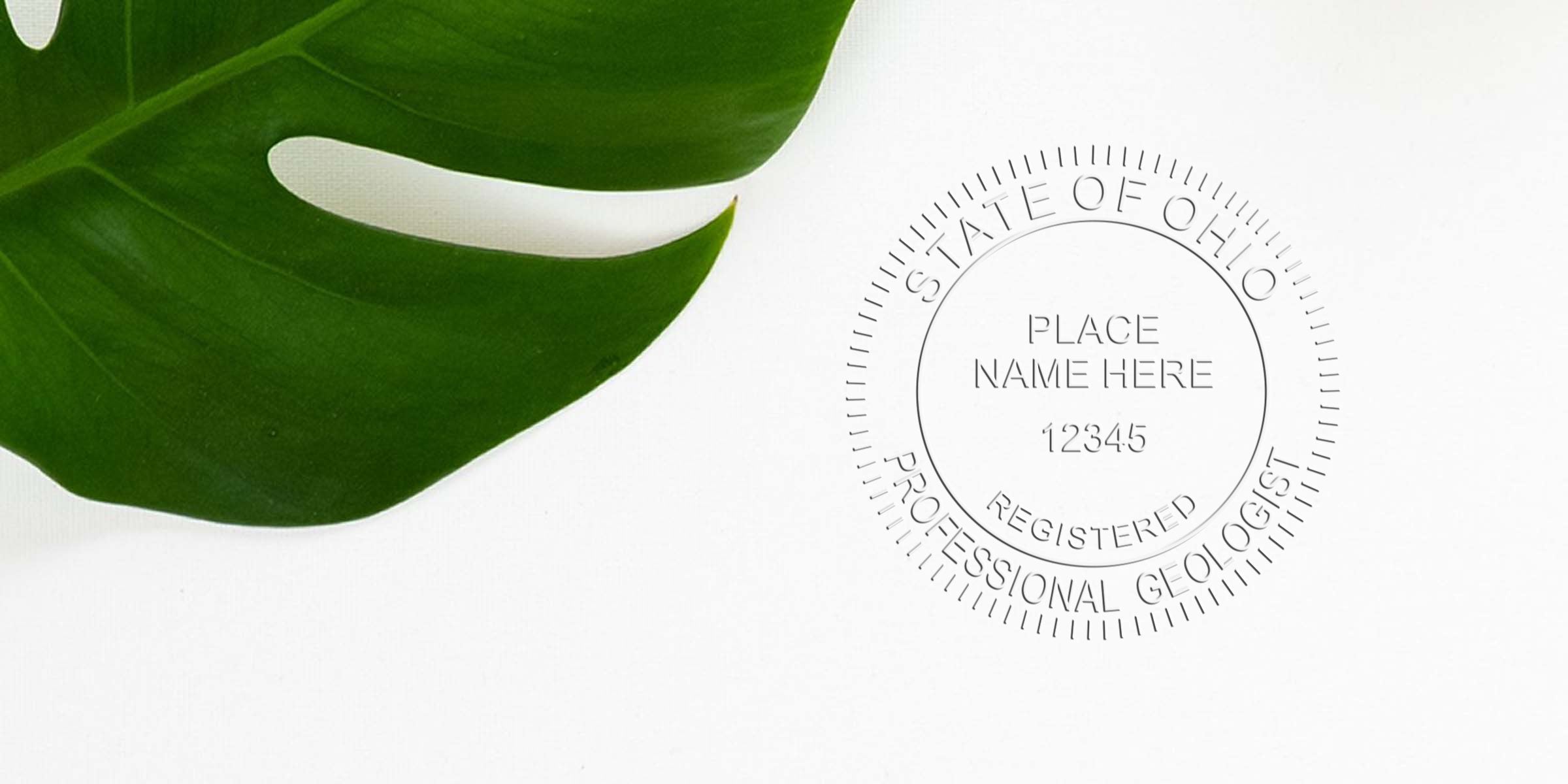 Ohio professional geologist seal with a green leaf on white, meeting Ohio geologist stamp rules and seal regulations.