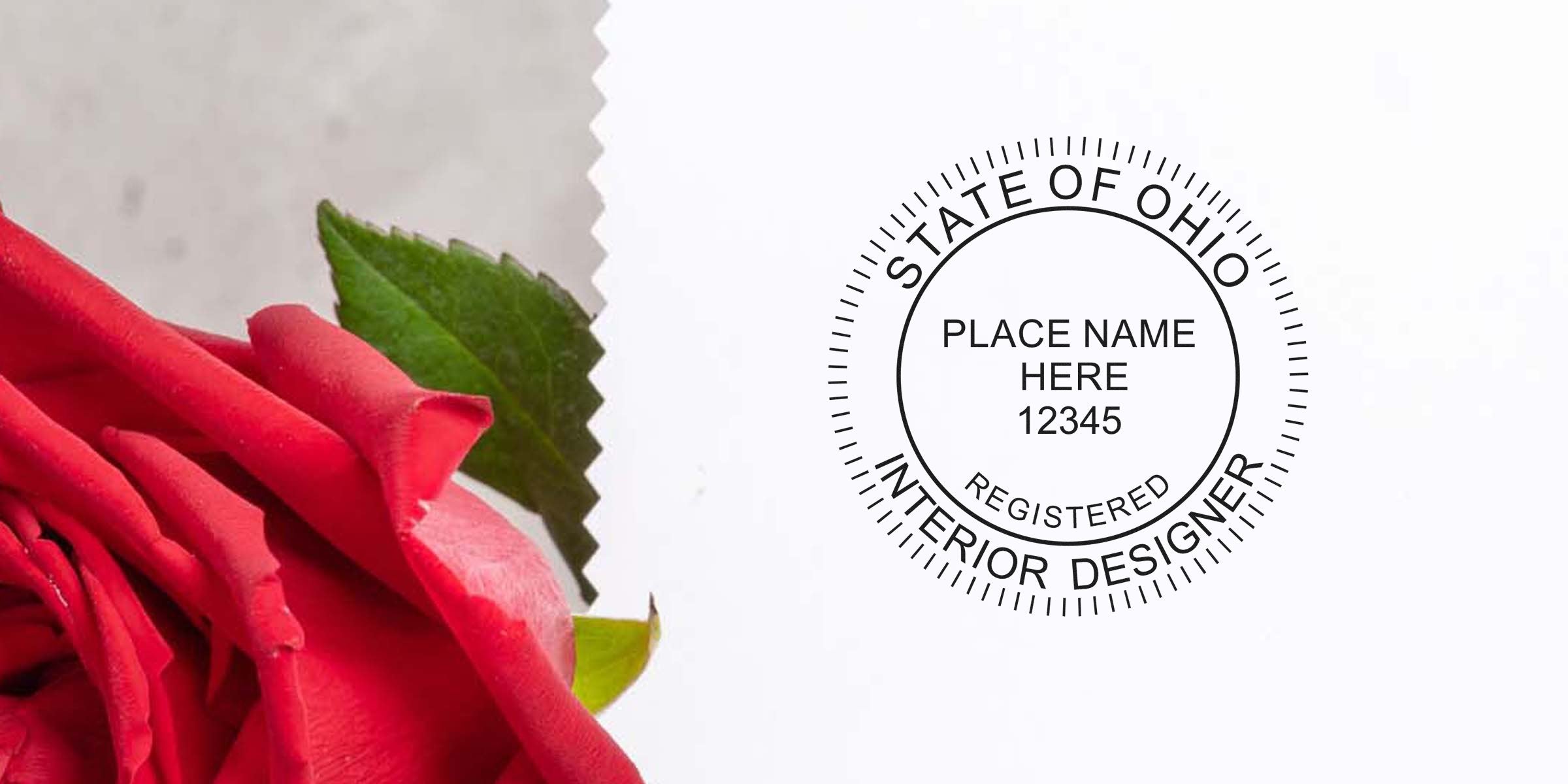 Ohio interior designer stamp with a registered seal, red rose, and green leaf on white, highlighting Ohio design licensing rules.