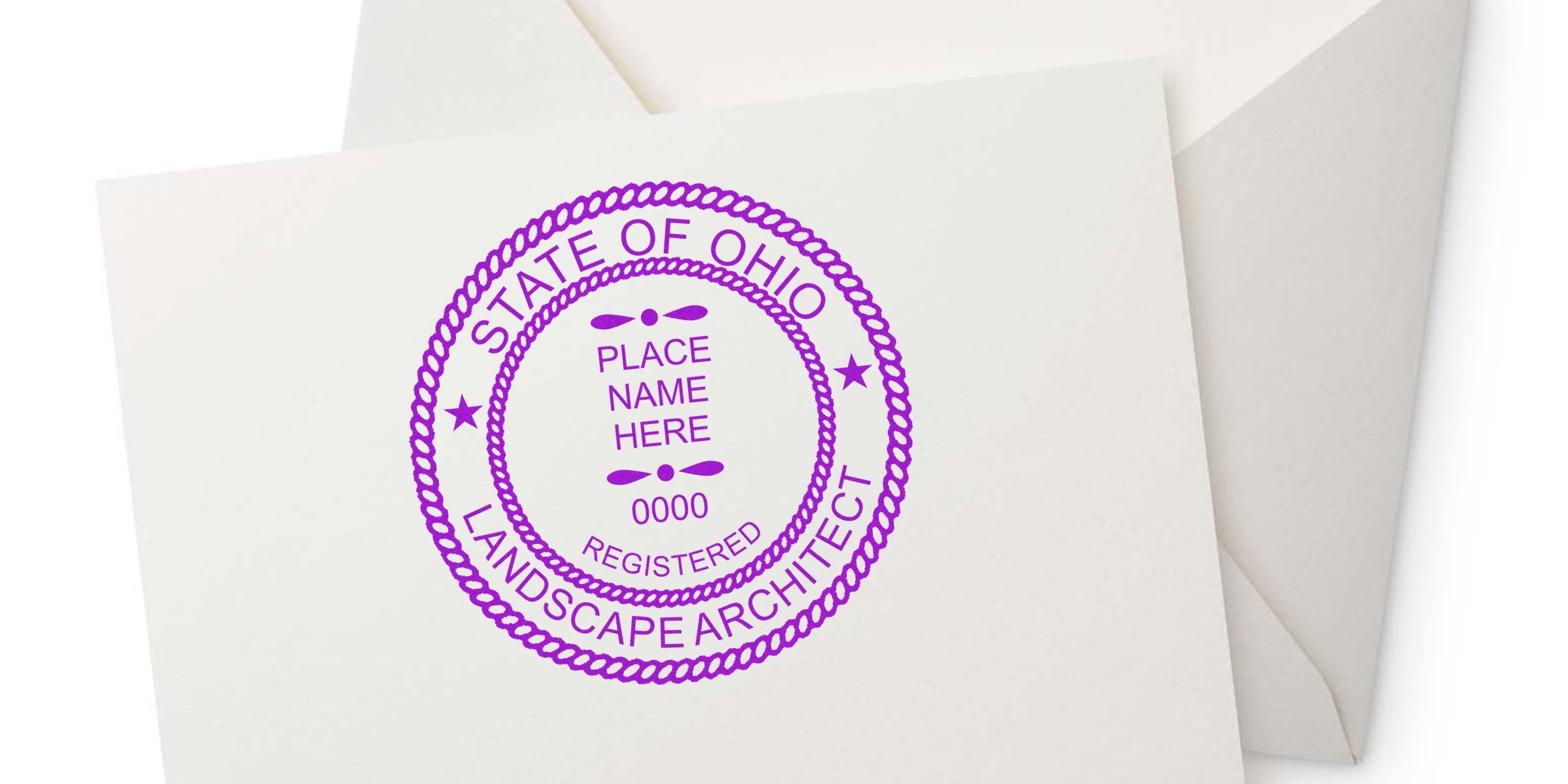 Ohio landscape architect stamp on white paper with envelope, showing stamp size and dimensions for Ohio landscape architect.
