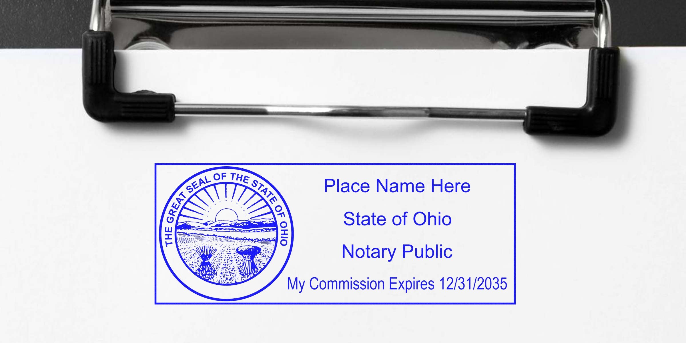 Ohio notary stamp on clipboard showing commission expiration date, featured in a guide for buying notary stamps.