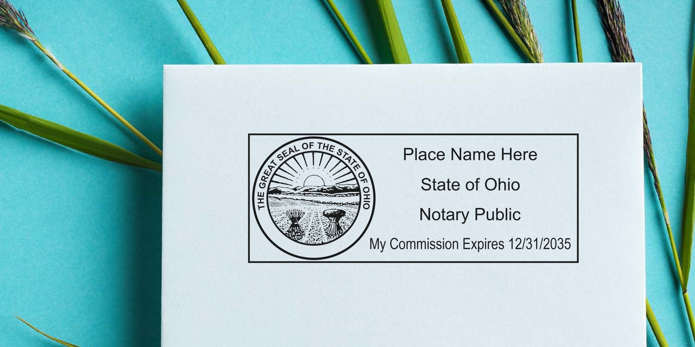 Ohio notary public stamp with the Great Seal and commission expiration date on white paper, a key supply for your notary business essentials.