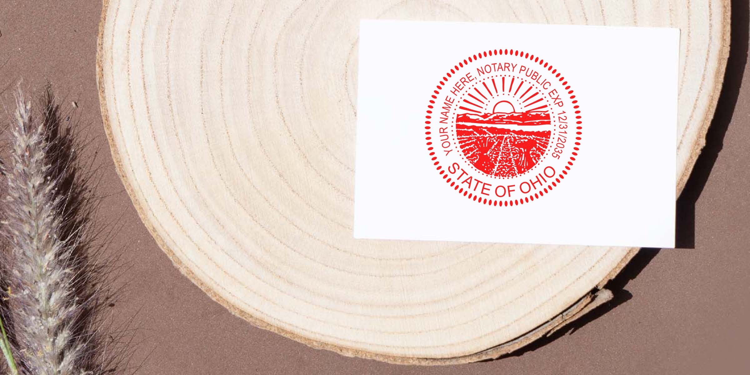 Ohio notary stamp on white card with wooden background, ideal for official Notary Stamp Ohio services. Get your Notary Stamp OH today.