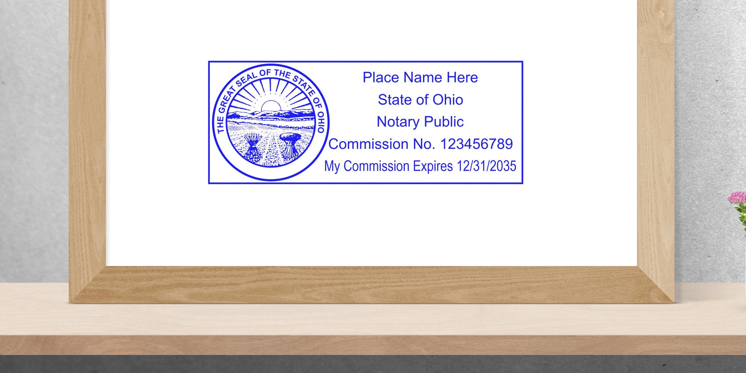 Ohio notary stamp with commission number and expiration date in a wooden frame, perfect for online notary orders.