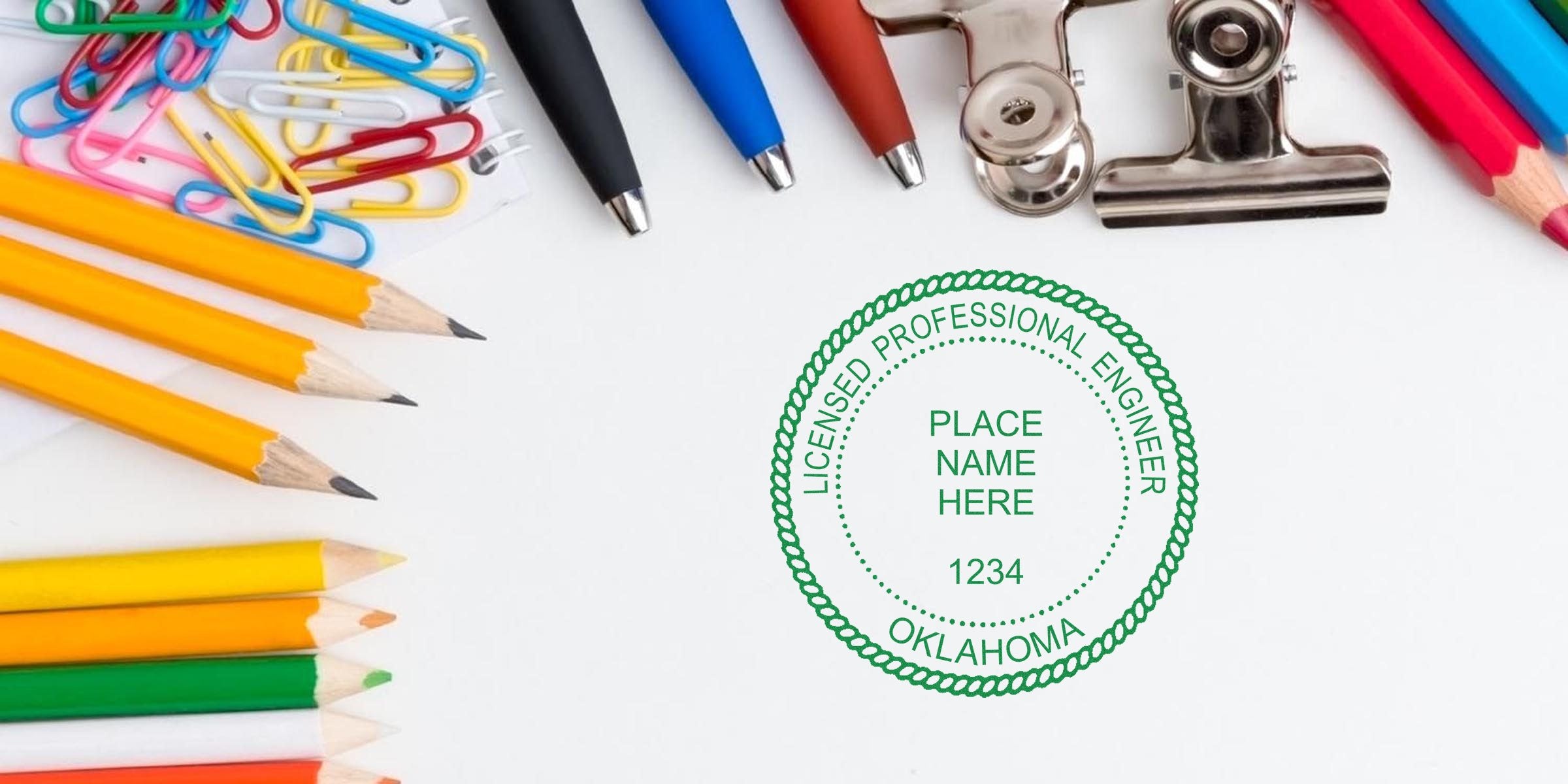Licensed professional engineer Oklahoma PE stamp with colorful office supplies on white background, highlighting how to order and place your Oklahoma PE stamp online.