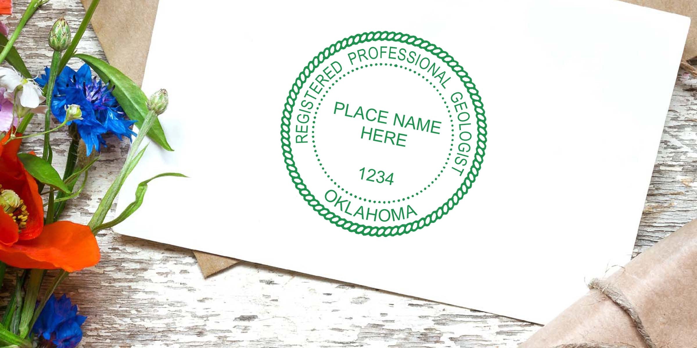 Oklahoma Licensed Geologist Seal stamped on envelope with flowers and rustic wood background, symbolizing geologist licensing and certification in Oklahoma.
