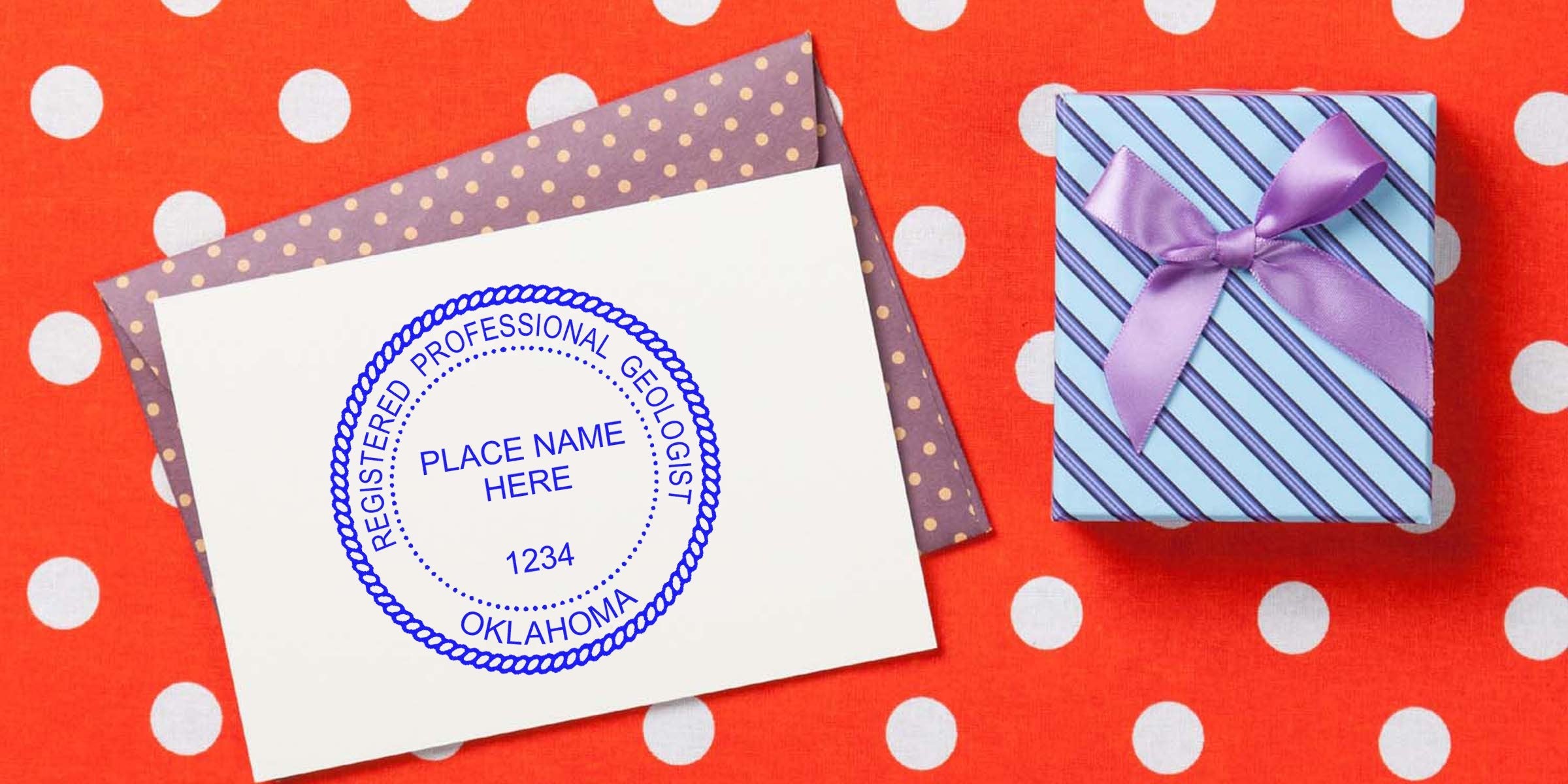 Oklahoma professional geologist stamp on envelope with gift box on polka dot background, emphasizing choosing Oklahoma geologist stamp.