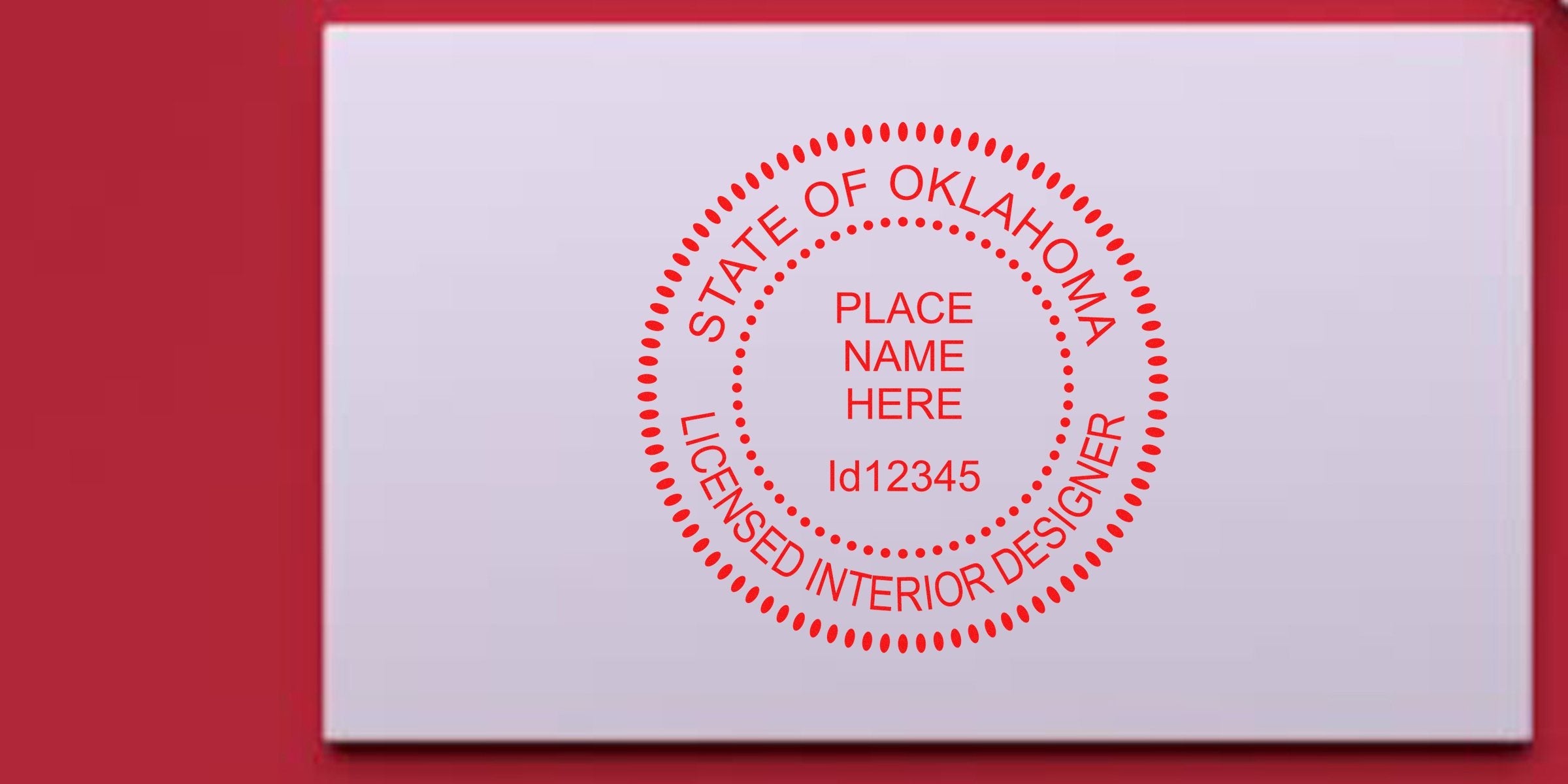 Oklahoma interior designer stamp with license number and location on a white background, crafted by a creative stamp maker.