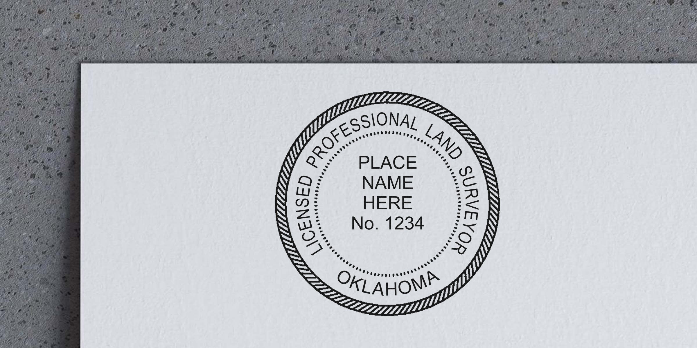 Oklahoma land surveyor stamp on white paper, showing a licensed professional land surveyor design using a surveyor stamp template.