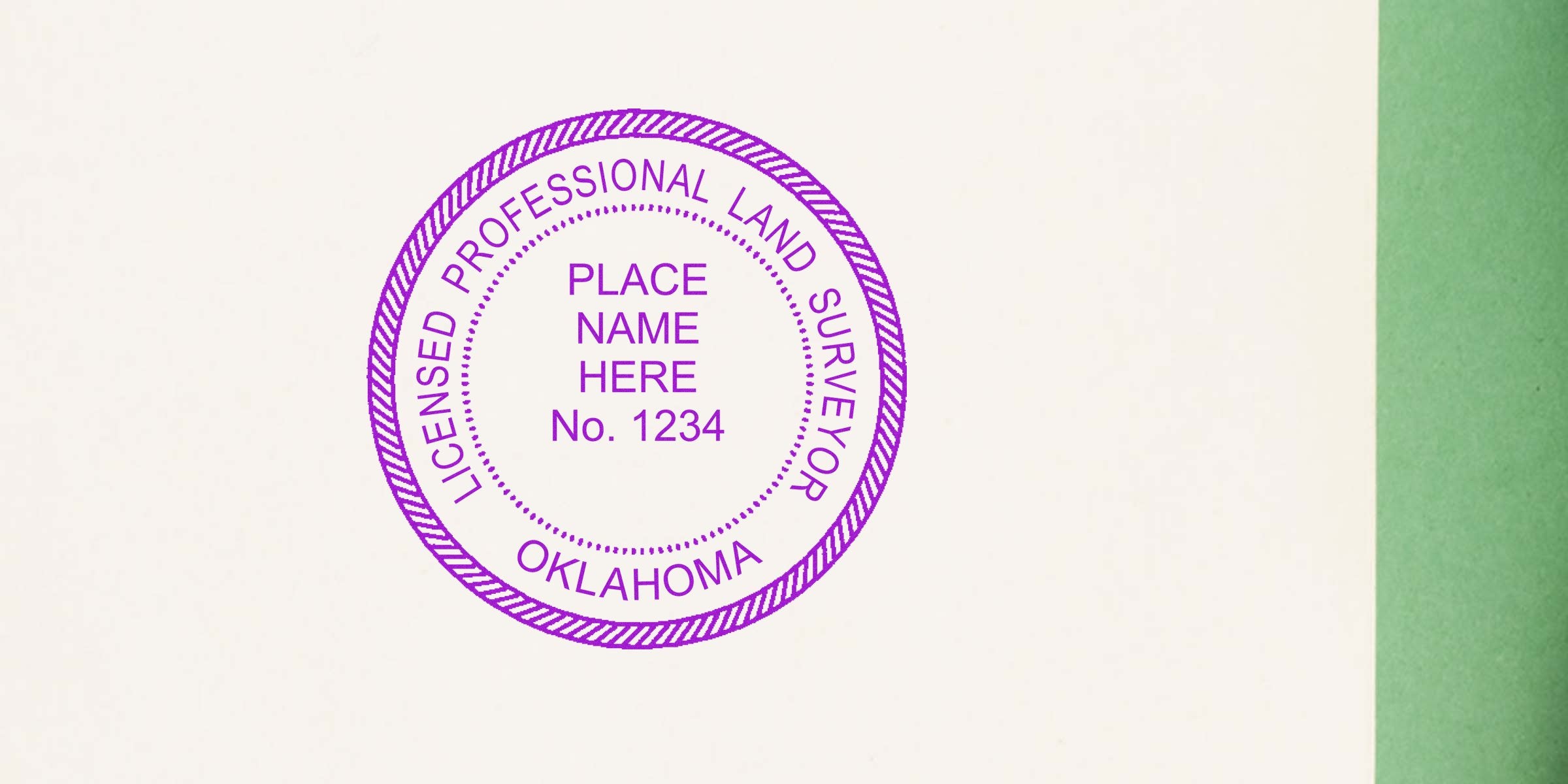 Oklahoma licensed professional land surveyor stamp with registration number and placeholder text, related to Oklahoma land surveyor stamp costs and fees.