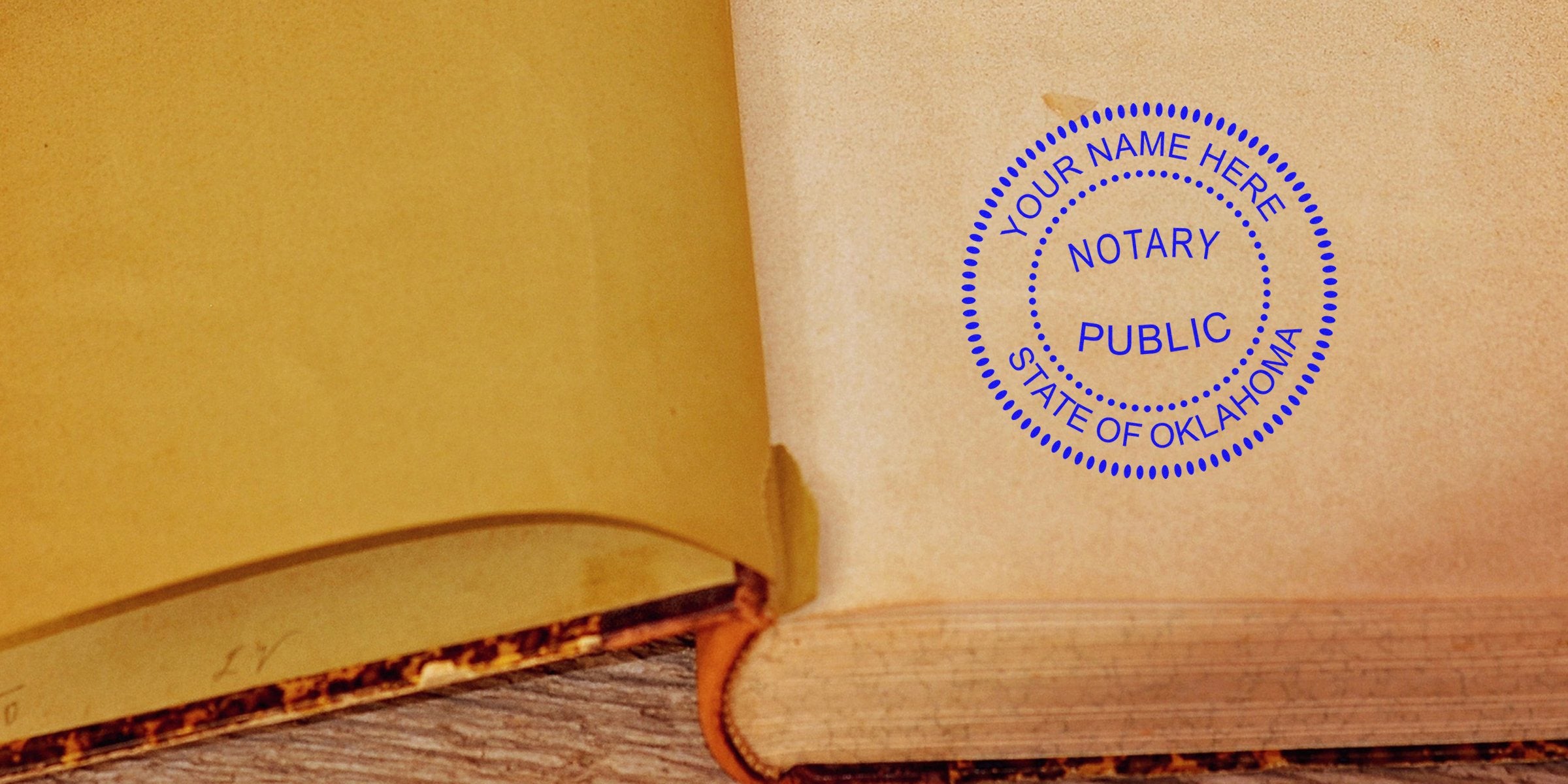 Oklahoma notary stamp on an old book page showing legal document certification requirements.