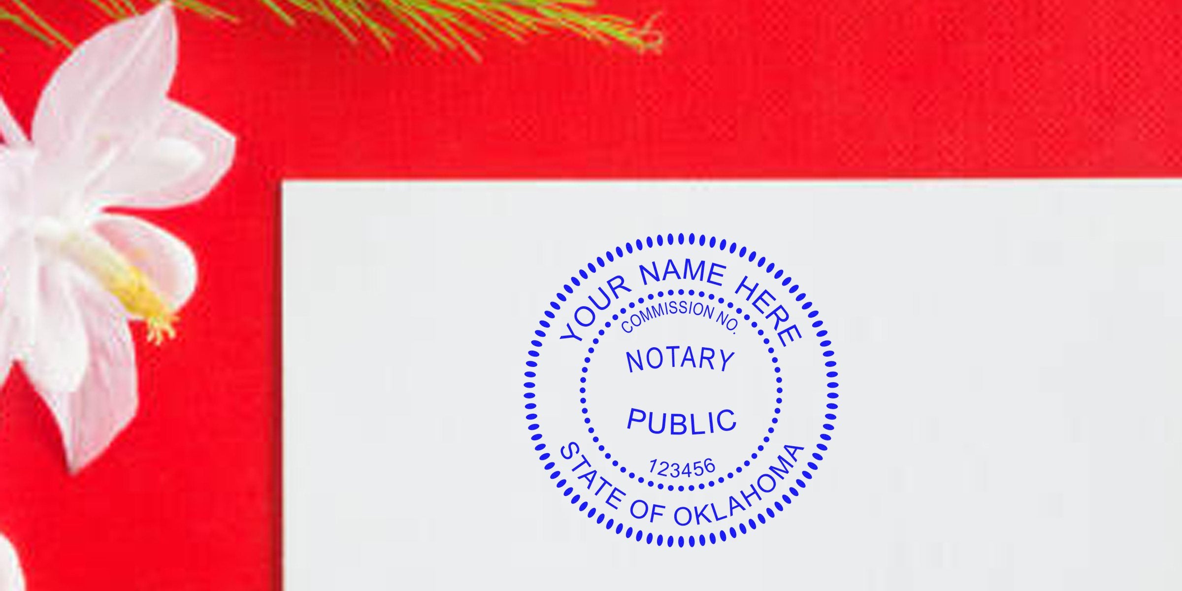 Oklahoma notary public seal on white paper with a festive red background and white flower, highlighting a top choice for notary services.