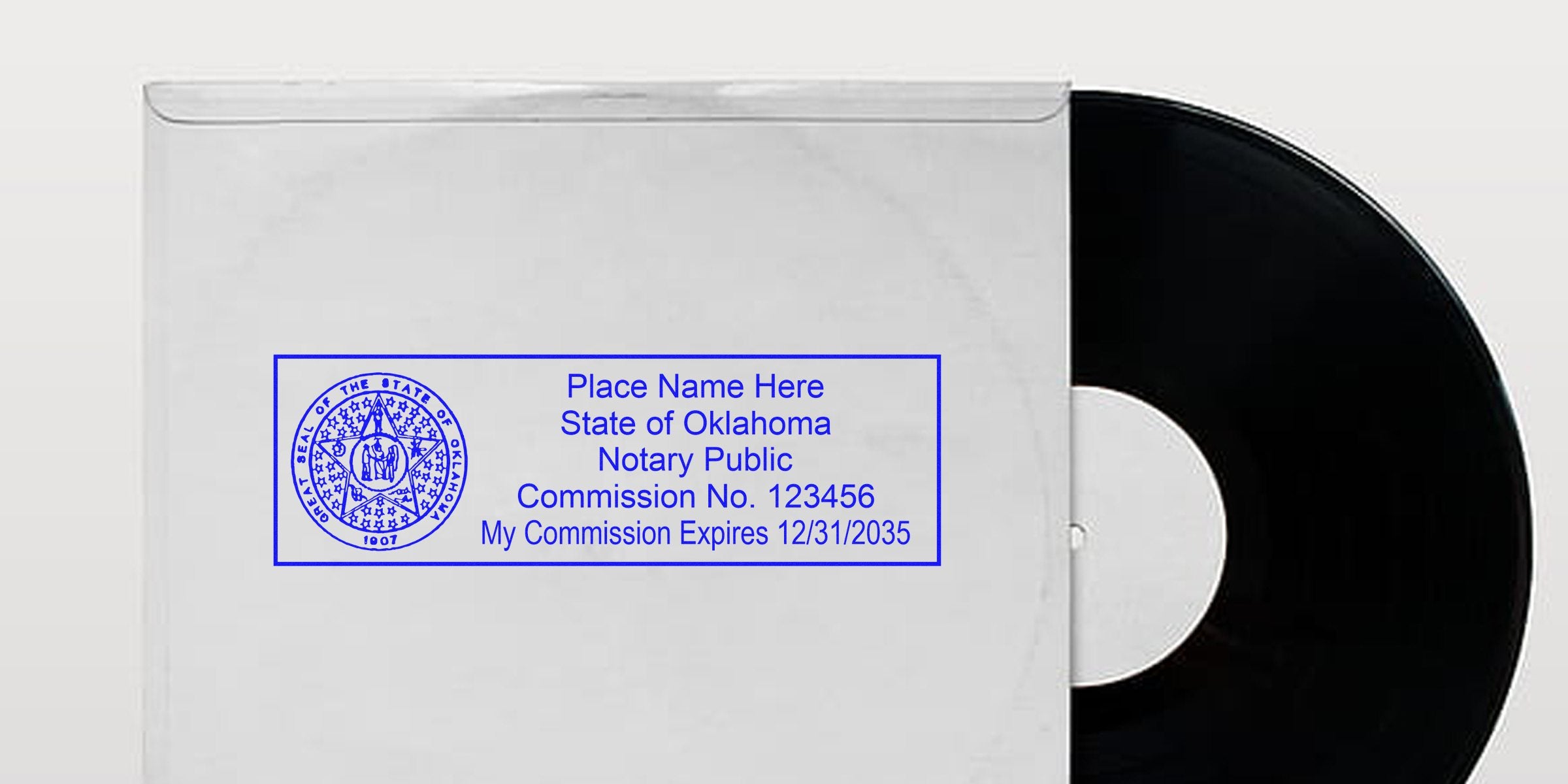 Oklahoma notary stamp on white paper showing commission number and expiration date, meeting Oklahoma notary stamp law requirements.