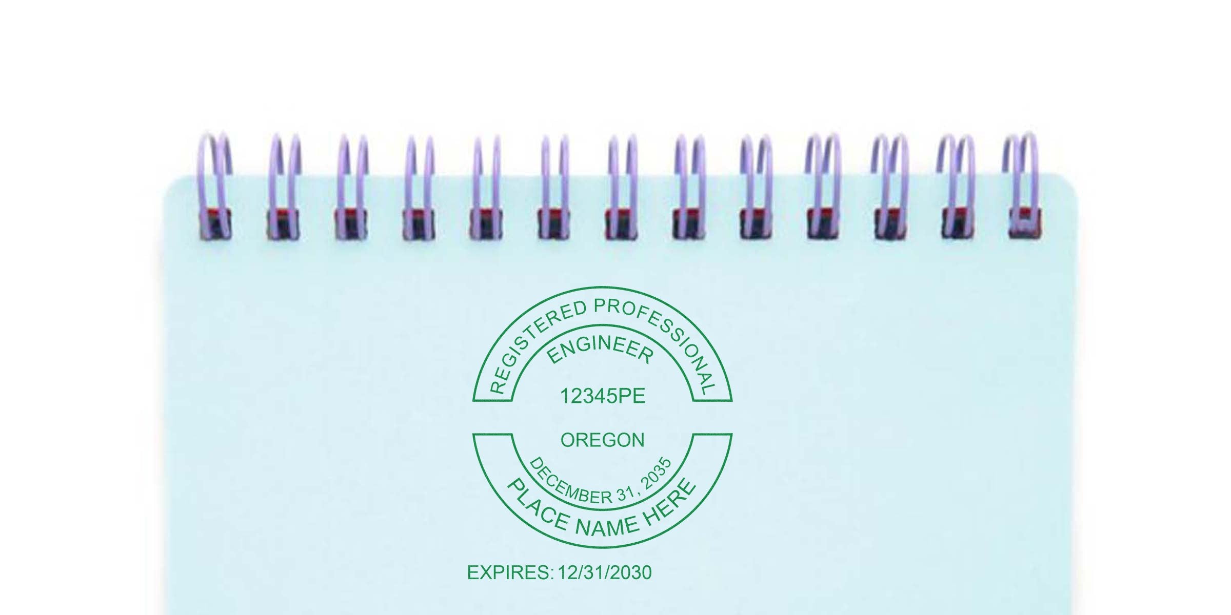 Oregon engineer stamp embossed on spiral notebook showing registered professional engineer license number and expiration date, serving as a guide for engineer embossers.