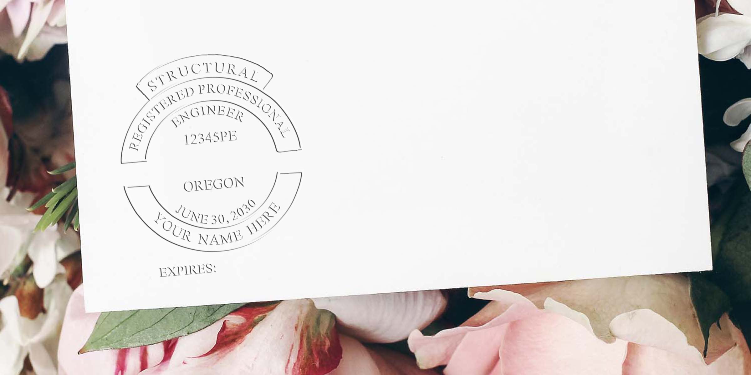 Registered professional engineer stamp on white paper with floral background, showing structural engineer certification per Oregon Seal and state emblem guidelines.