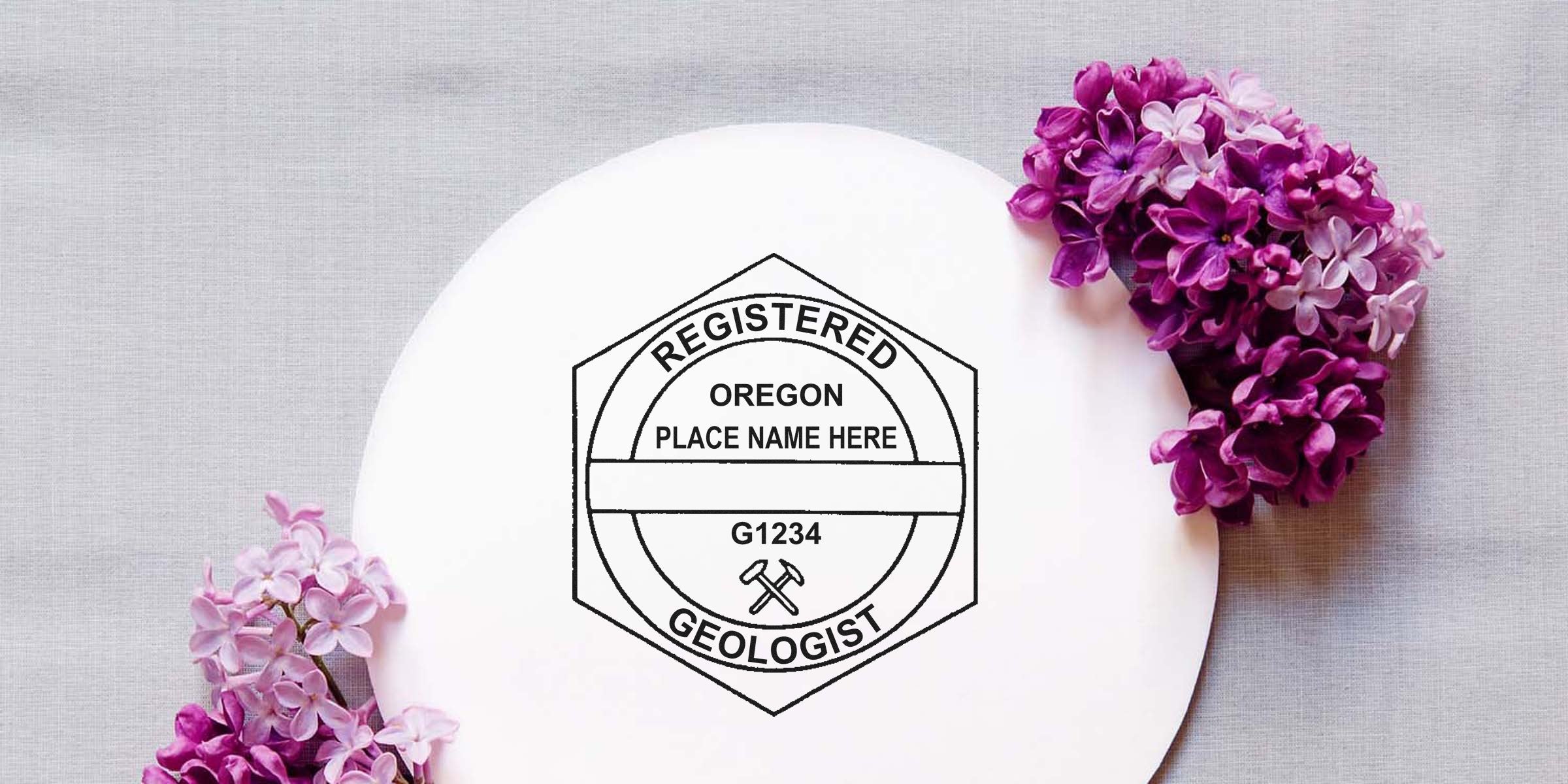 Oregon registered geologist seal shown with purple lilac flowers on a white plate, emphasizing the cost and investment of the Oregon Geologist Stamp.