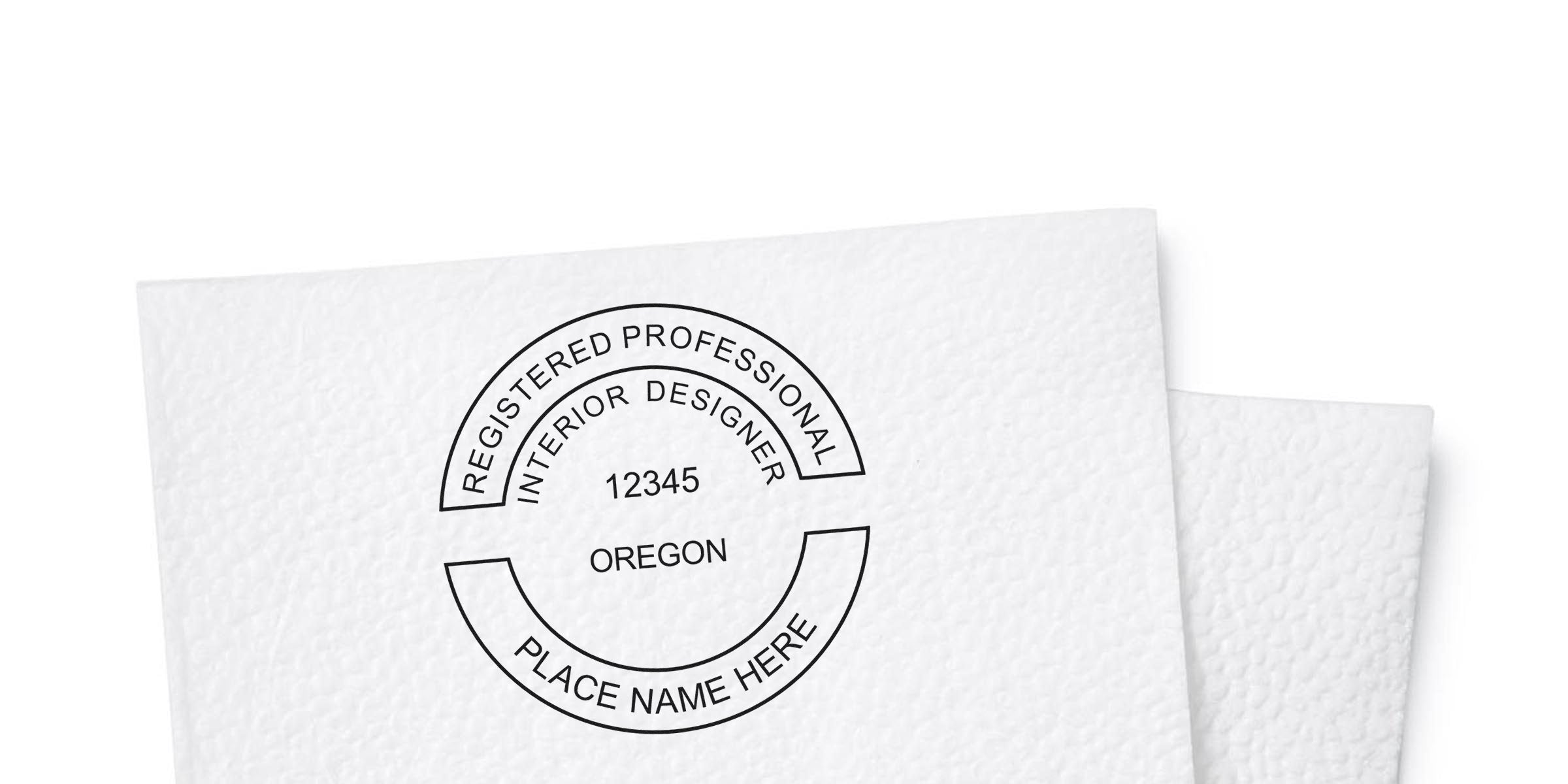 Oregon interior designer seal stamp with customizable name and number on textured white paper, ideal for certification and licensing templates.