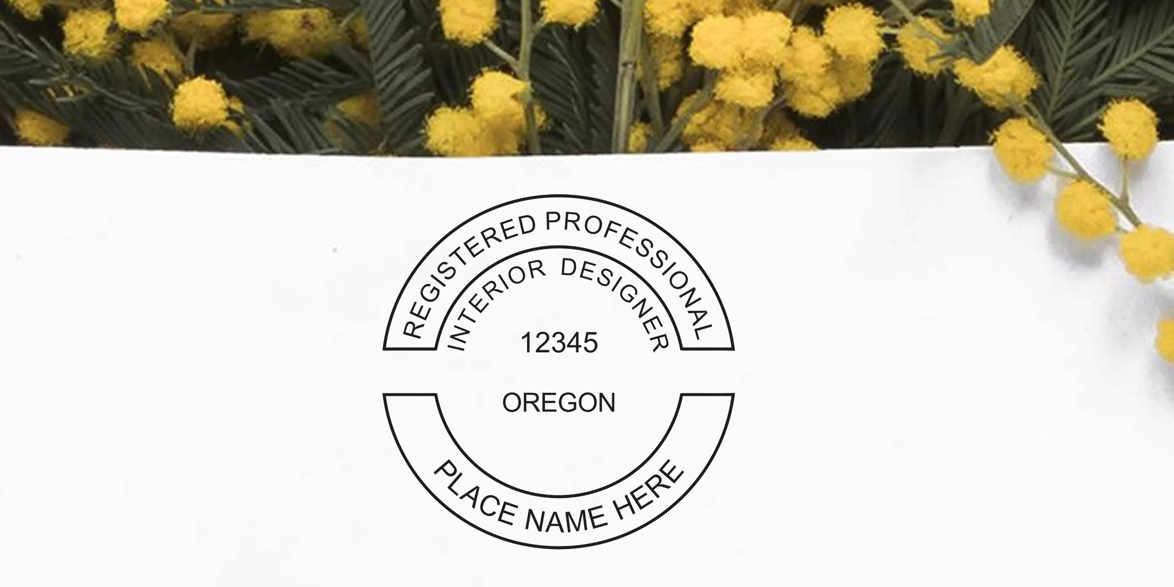 Oregon registered interior designer stamp with yellow flowers background, emphasizing Oregon interior designer rules and seal requirements.