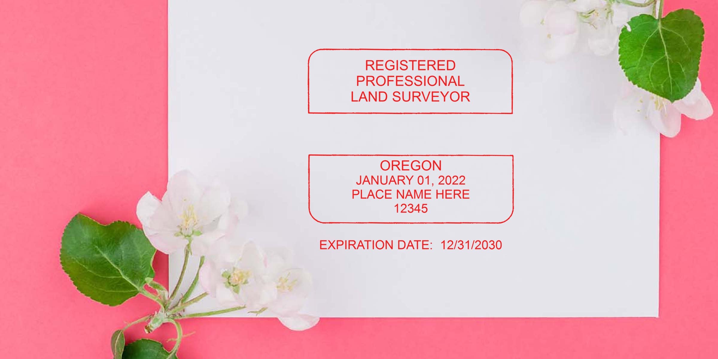 Oregon professional land surveyor certificate with expiration date, floral design on pink background, showcasing Oregon land surveyor stamp size and stamp requirements.