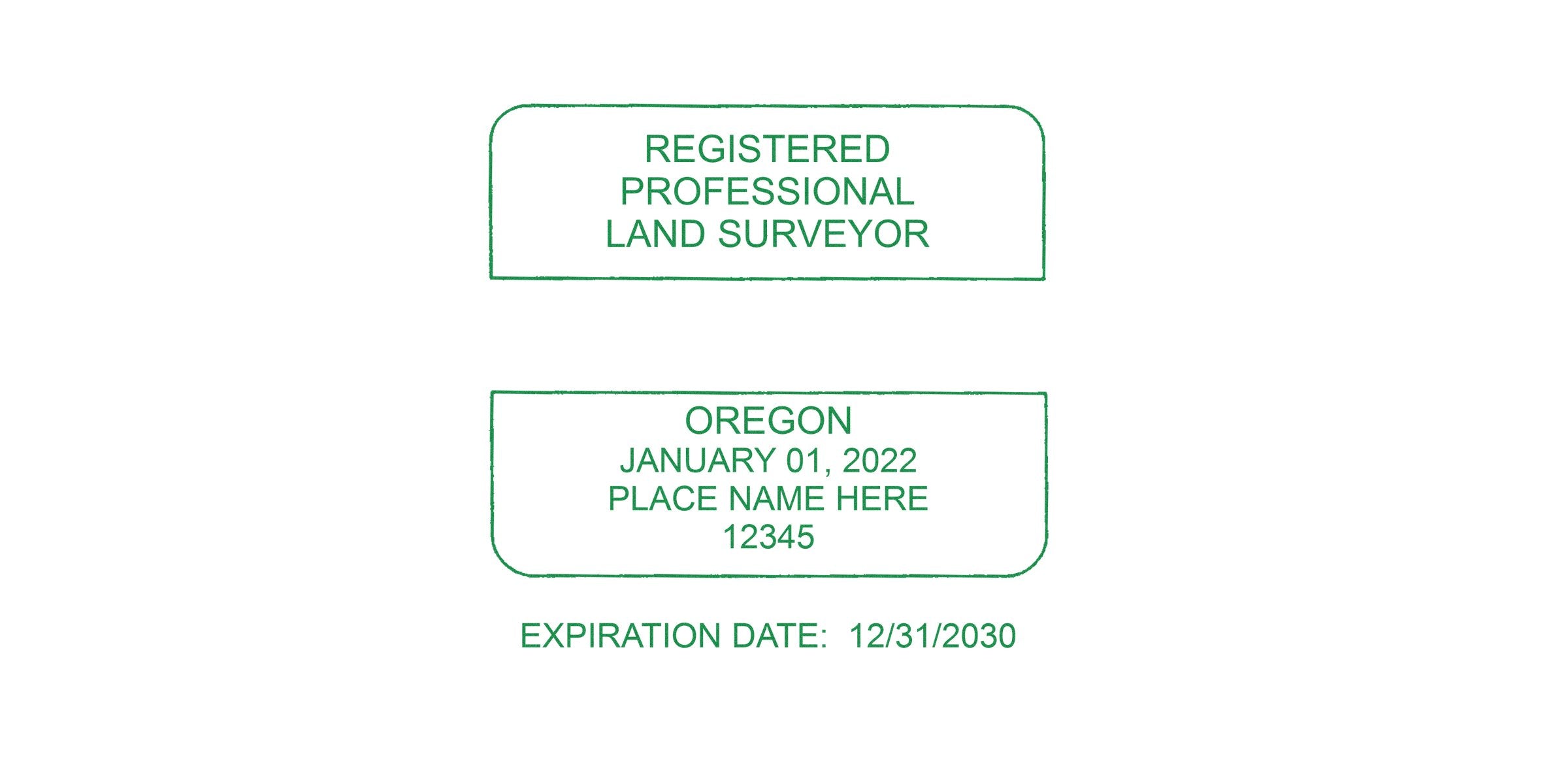 Oregon land surveyor seal with registered professional stamp, expiration 12/31/2030, designed as a certification template.