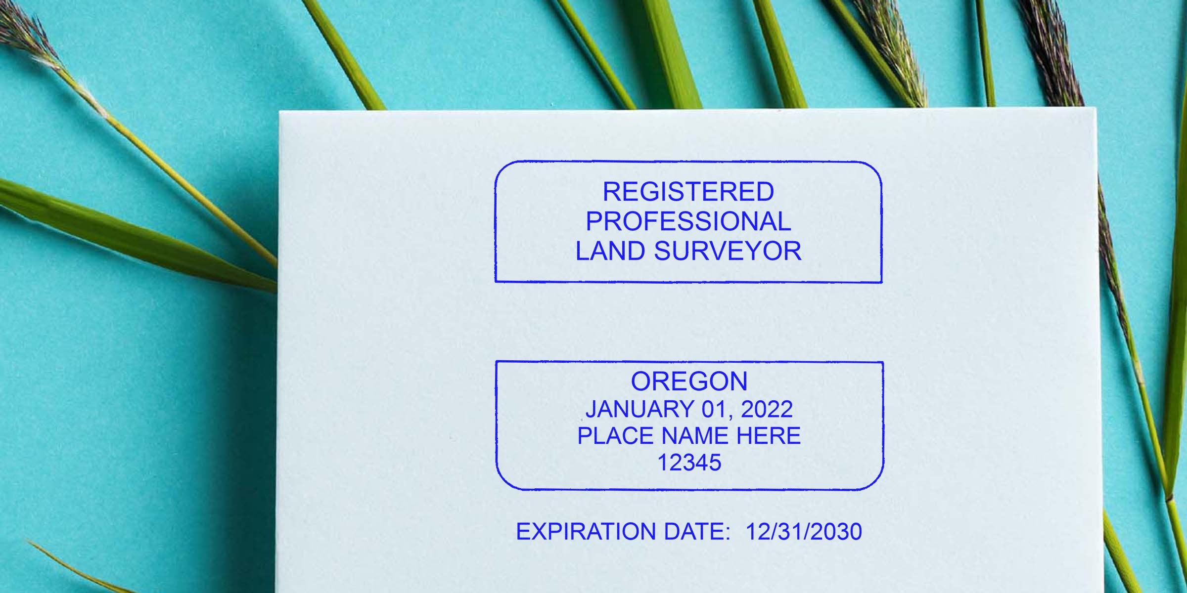 Oregon professional land surveyor card expires 12/31/2030, shown on blue background with green plants, featuring Oregon land surveyor stamp and highlighting stamp requirements in Oregon.