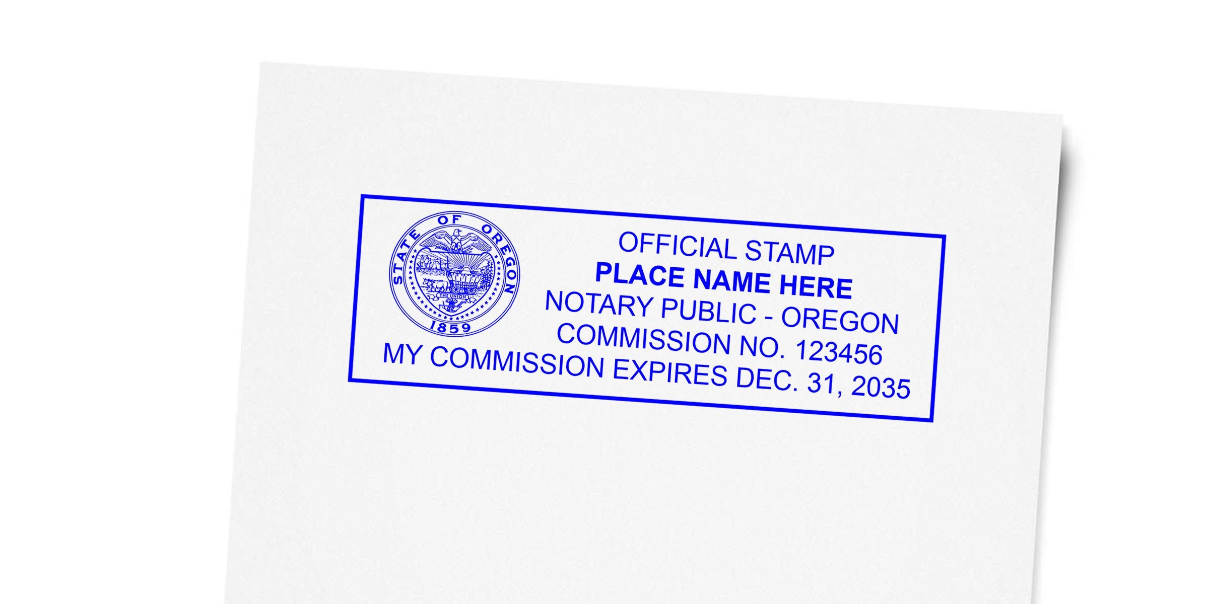 Oregon notary seal with official stamp, commission number, and expiration date. Purchase your Oregon notary seal today.