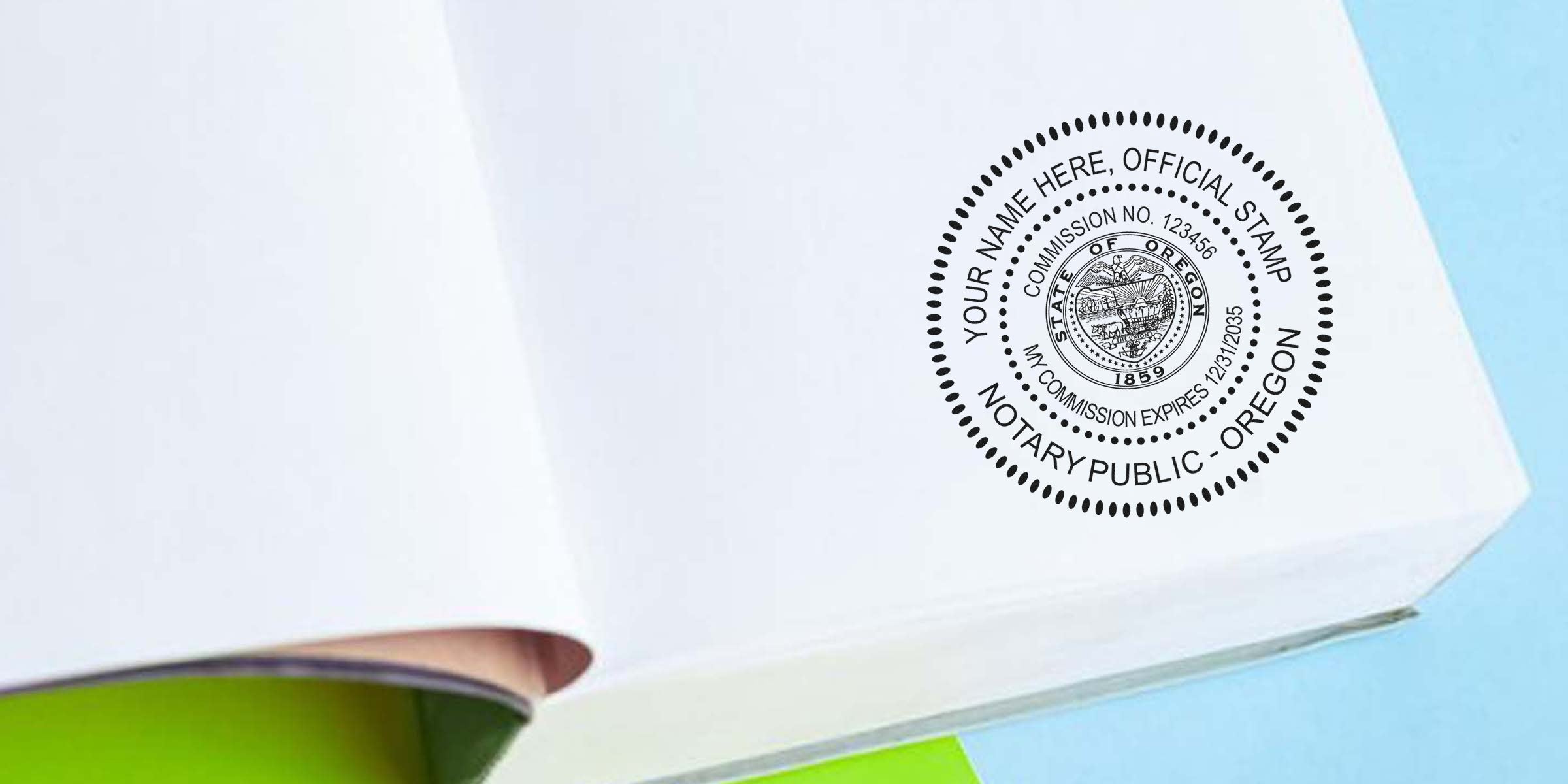 Oregon notary public stamp on white paper, key supplies for legal document authentication and essential tools for public notaries.