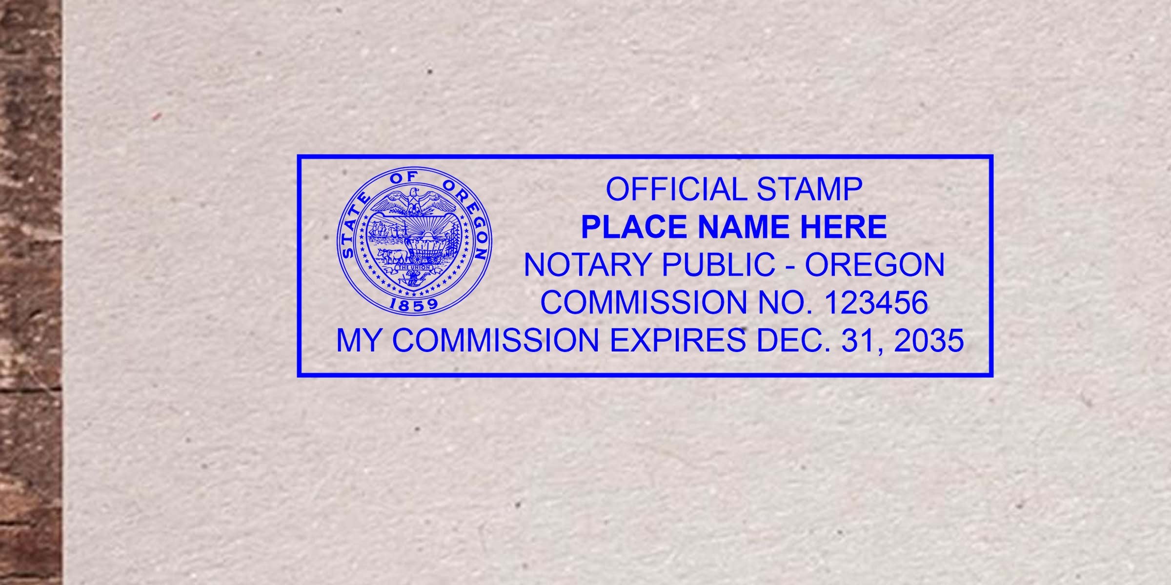 Oregon notary seal stamped on textured paper, displaying commission number and expiration date per notary public guidelines.
