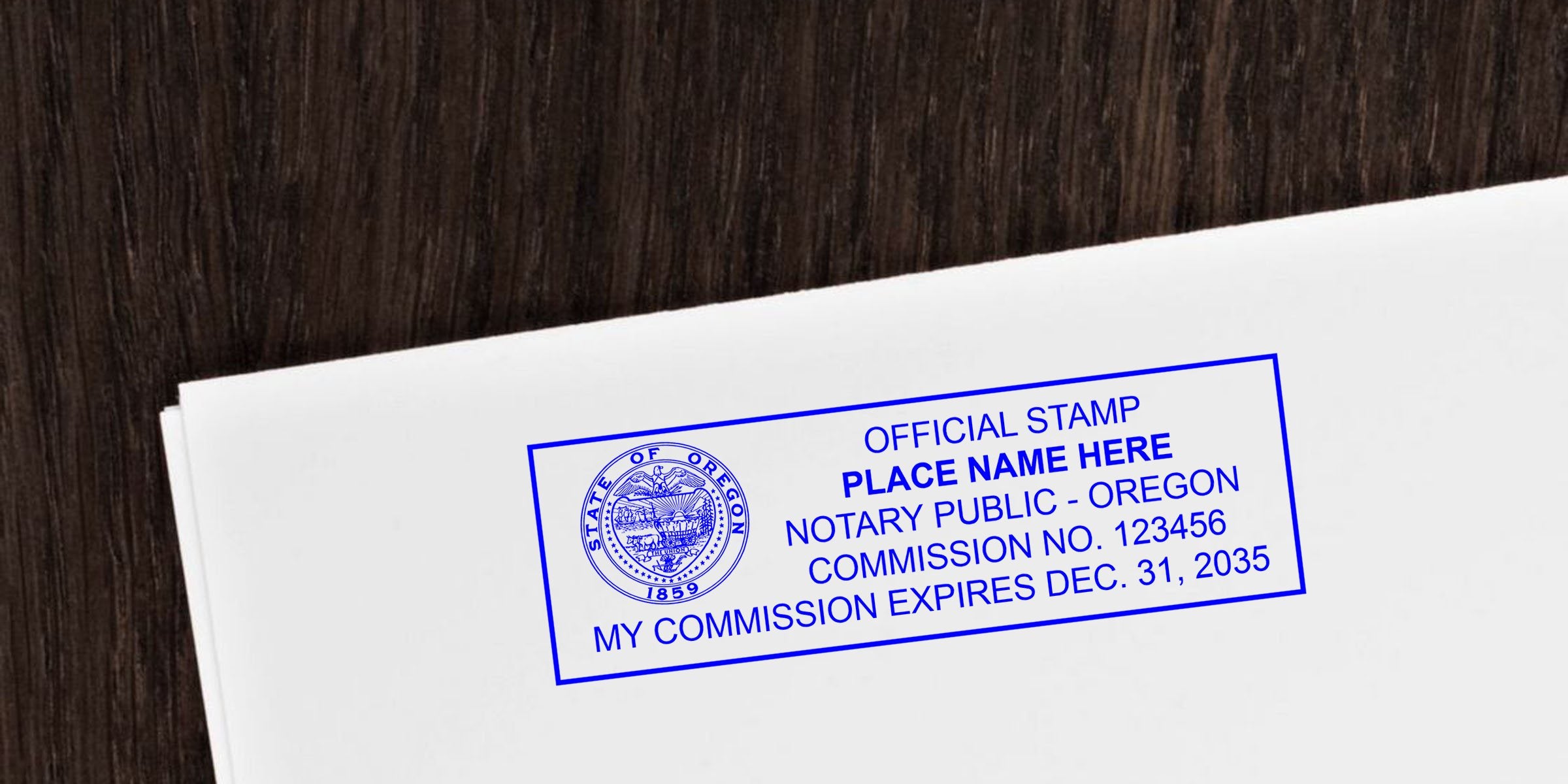 Oregon notary public stamp on white paper with commission number and expiration date, key supplies for notary success tips.
