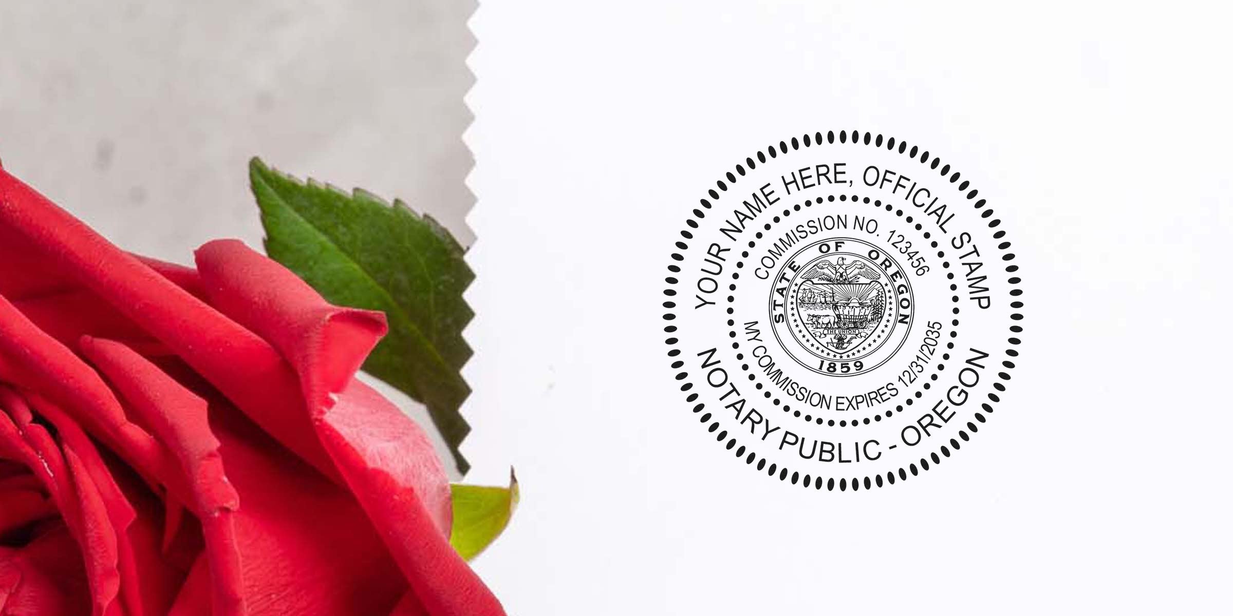 Oregon notary stamp with a red rose on white, perfect for official documents and notary supplies.