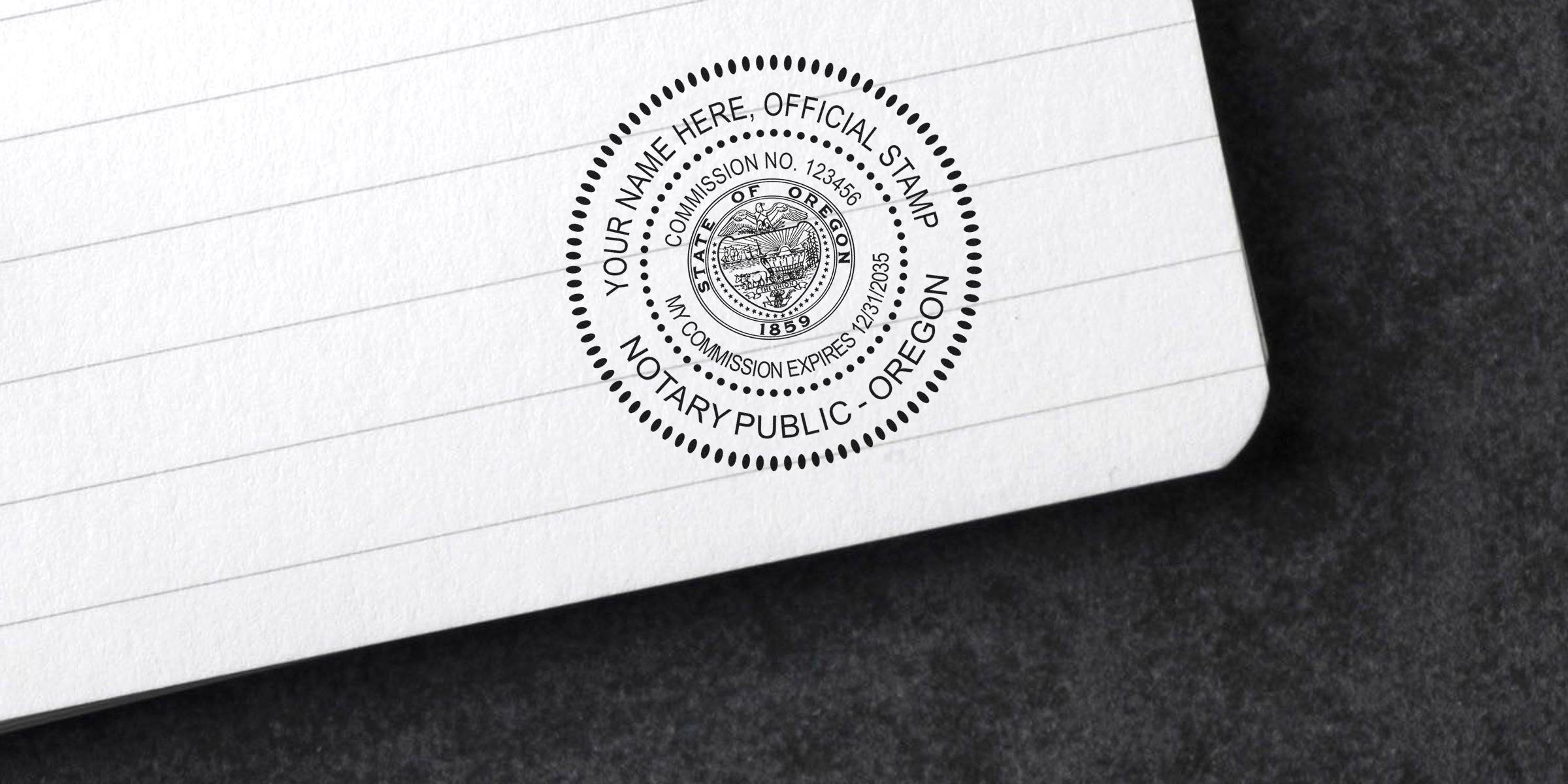 Oregon notary seal on lined paper showing official stamp with commission info and expiration date, ideal for buying notary seal tips.