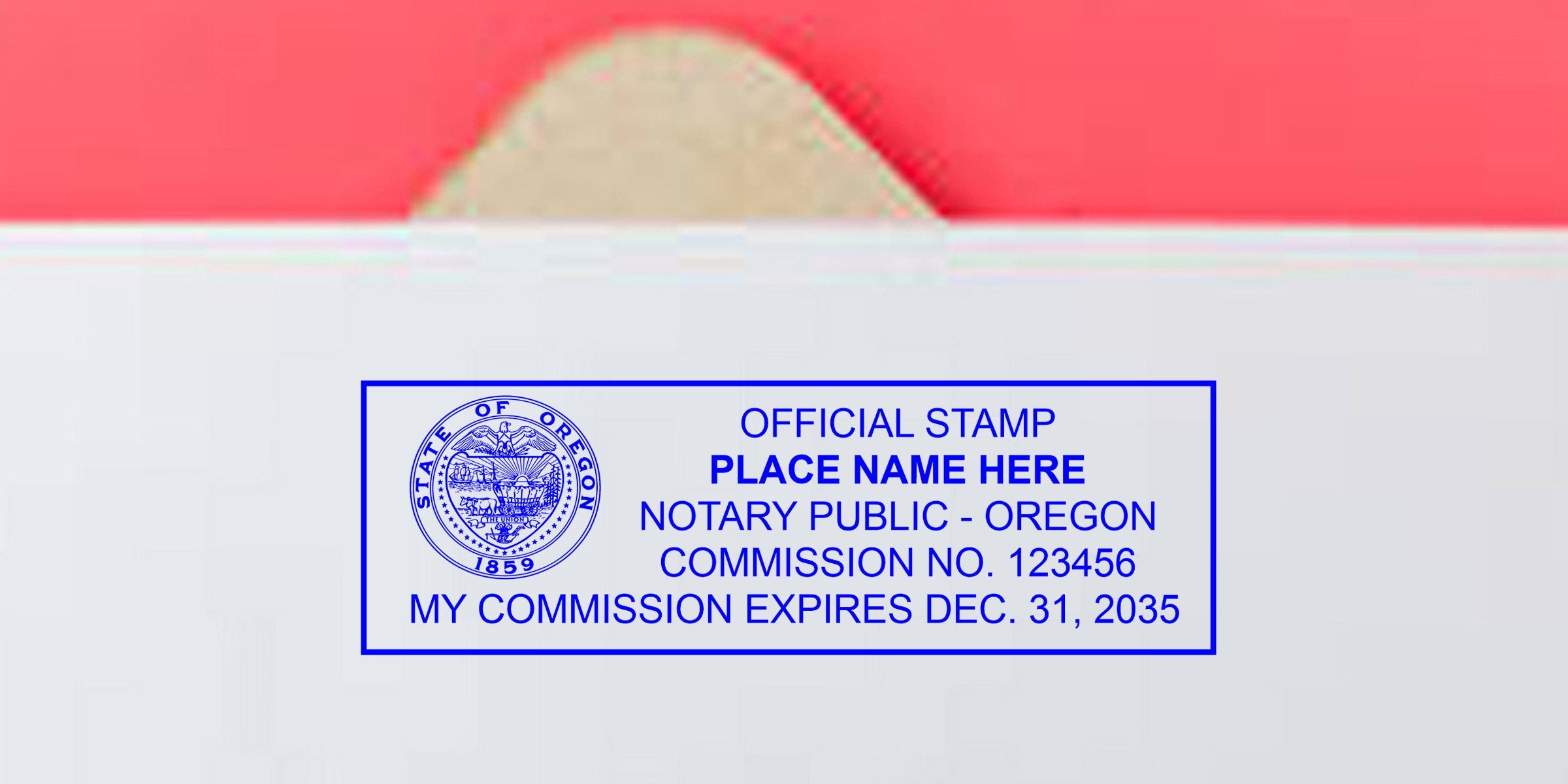 Oregon notary stamp featuring official seal, commission number, and expiration date on a white envelope.