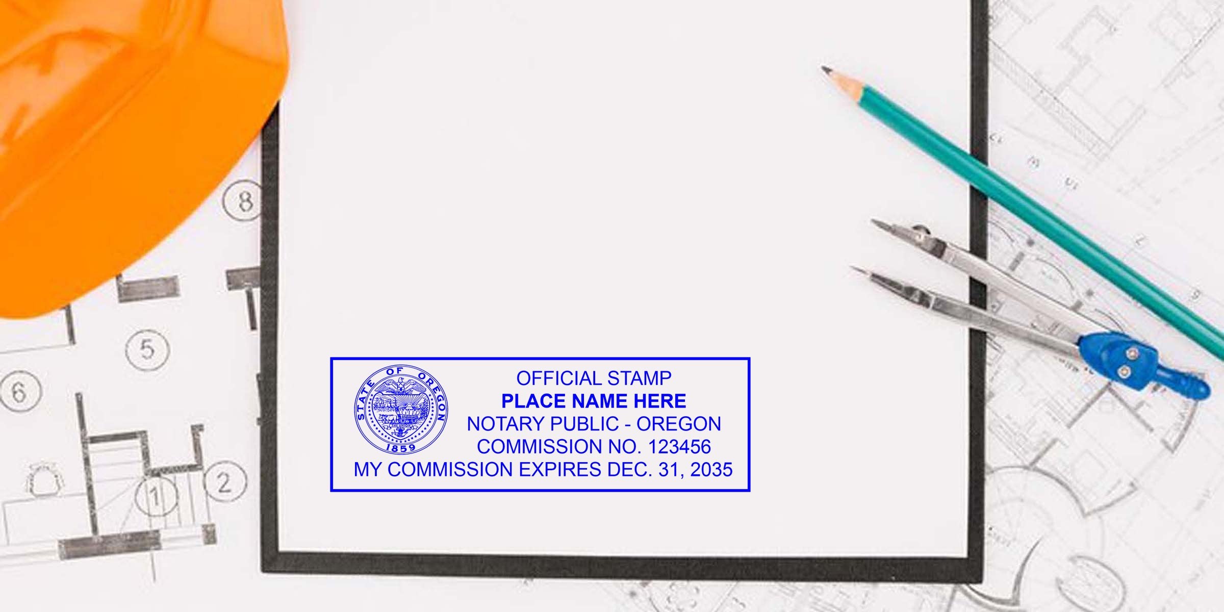 Oregon notary stamp on architectural blueprint with orange safety helmet and drafting tools, meeting Oregon notary stamp requirements.