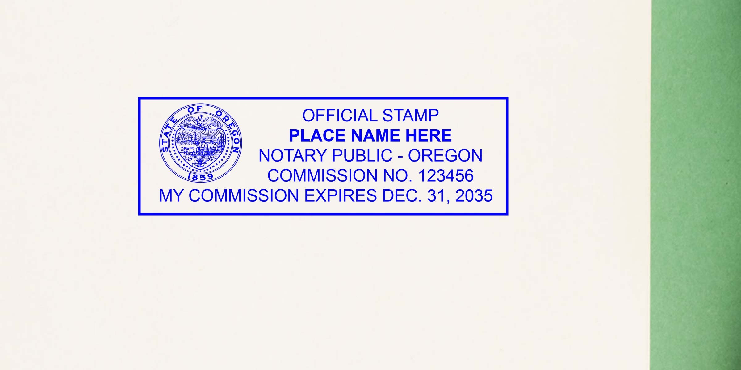 Oregon notary seal and official stamp with commission number and expiration date on white paper, displayed in a notary stamp guide.