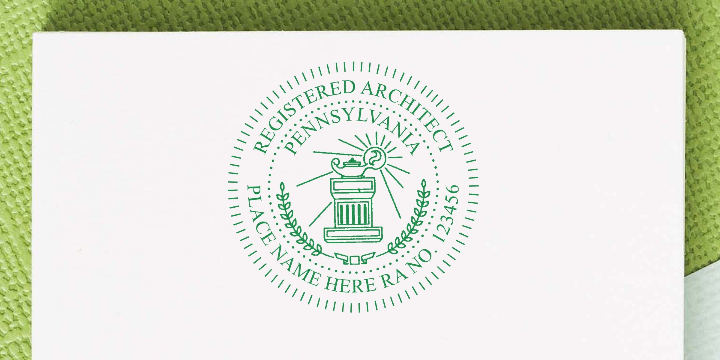 Pennsylvania architect stamp on white paper, PA registered architect seal for certification, architect stamp order.