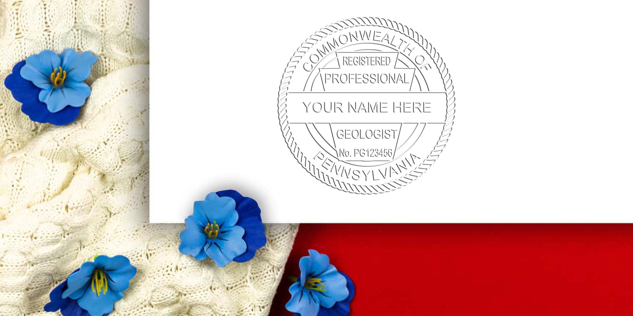 Pennsylvania geologist seal stamp on white paper with blue flowers and knitted fabric background, highlighting the advantages of a geologist seal embosser.