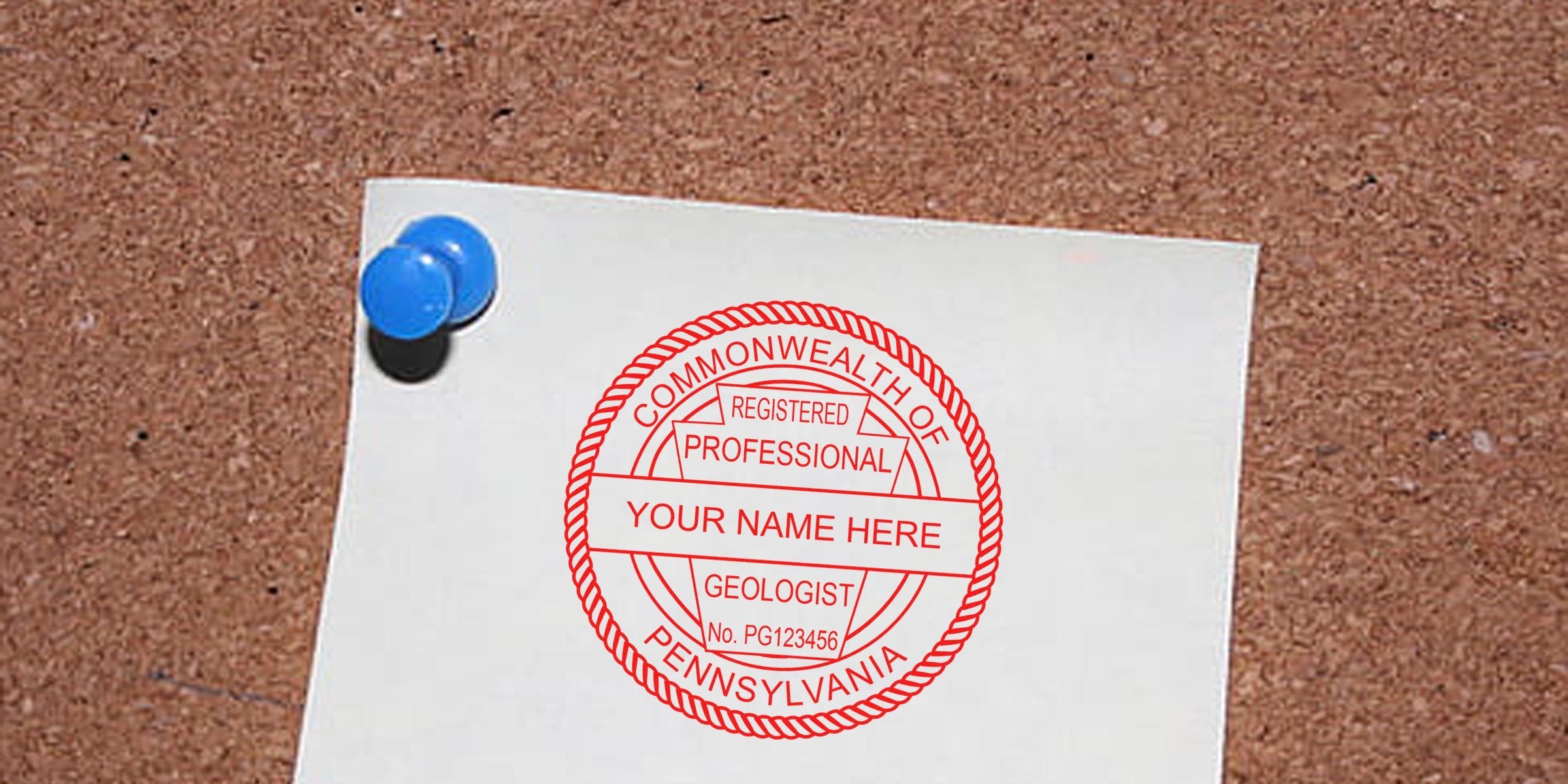 Pennsylvania Professional Geologist Seal on white paper pinned to corkboard, showing Geologist License details from Pennsylvania.