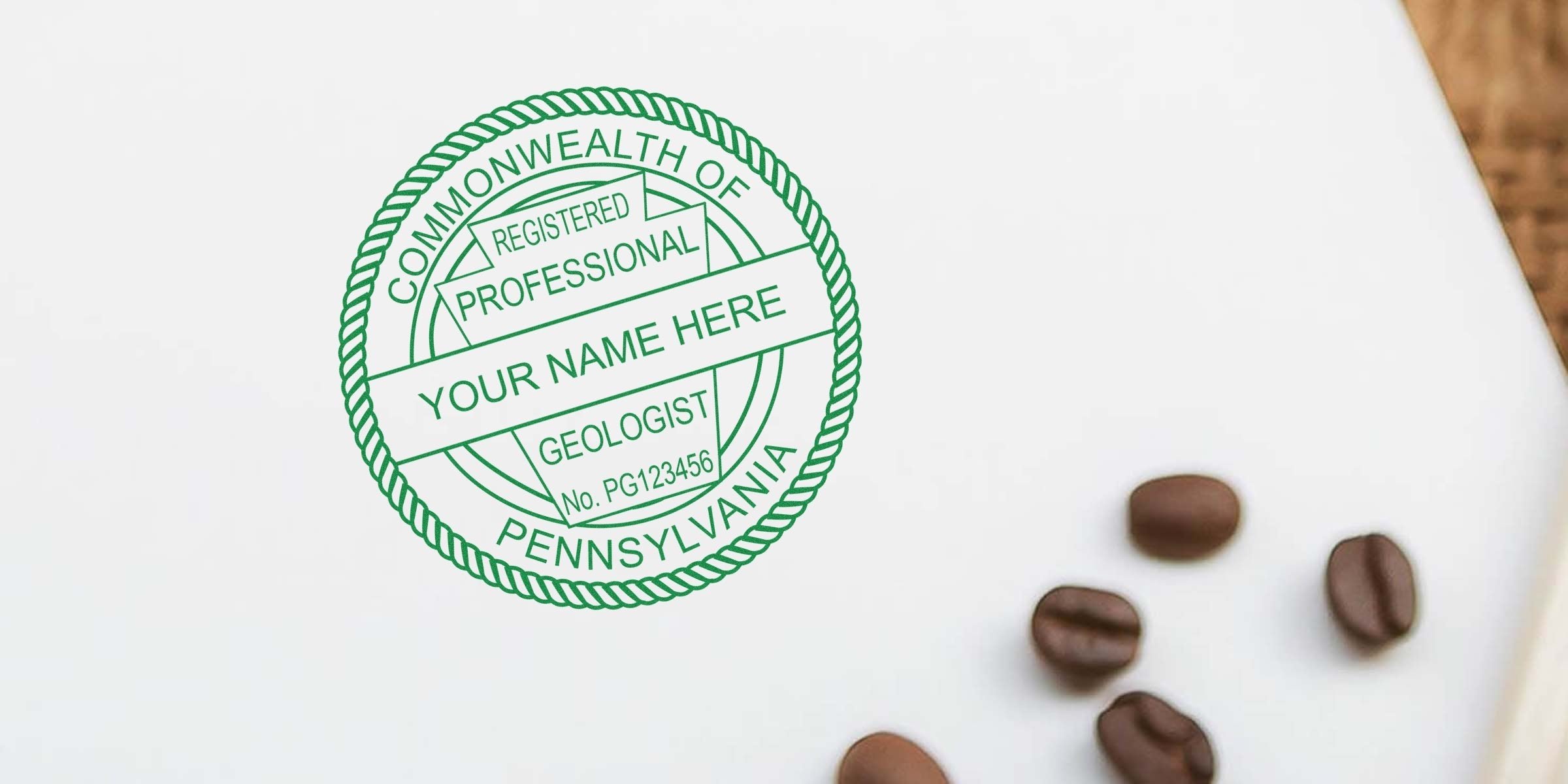 Professional geologist stamp on white paper with coffee beans, showcasing Pennsylvania geologist seal rules and PA licensing requirements.