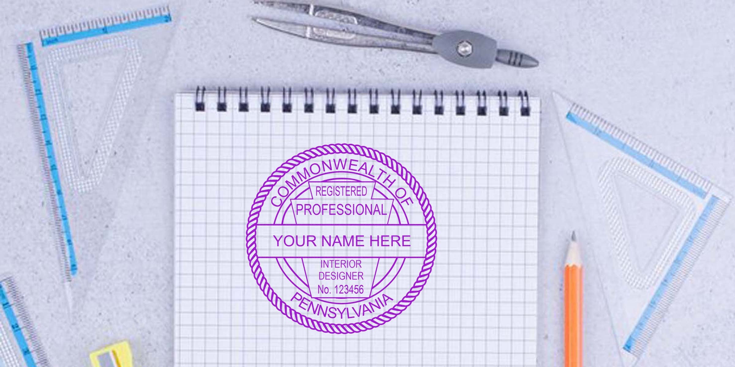 Registered Interior Designer Stamp PA on graph paper with drafting tools and pencil, featuring Pennsylvania certification seal highlighting the benefits of an Interior Designer License in Pennsylvania.