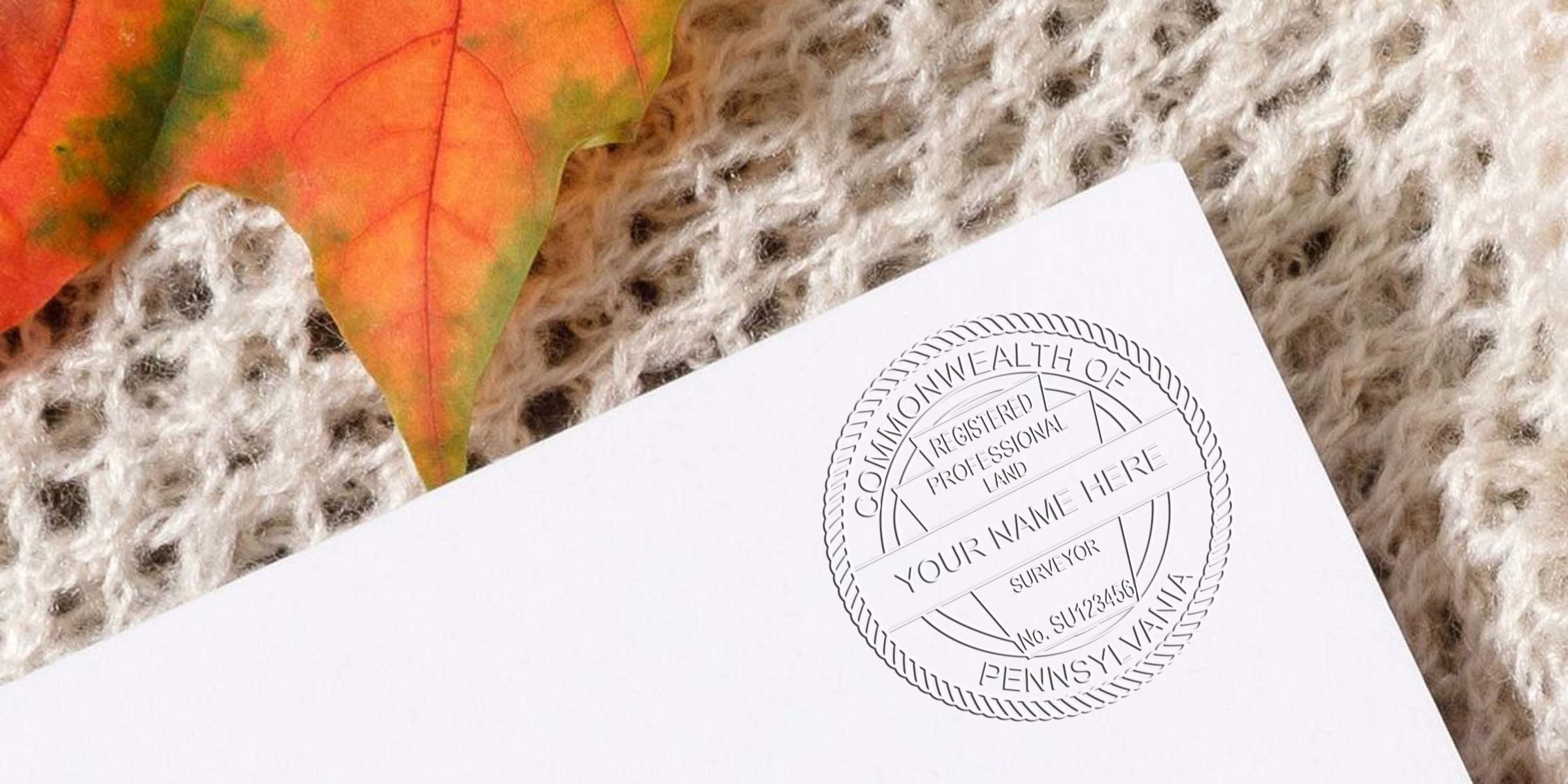 Embossed Pennsylvania land surveyor seal on white paper, set against autumn leaves and knitted fabric, featuring a land surveyor embosser guide.