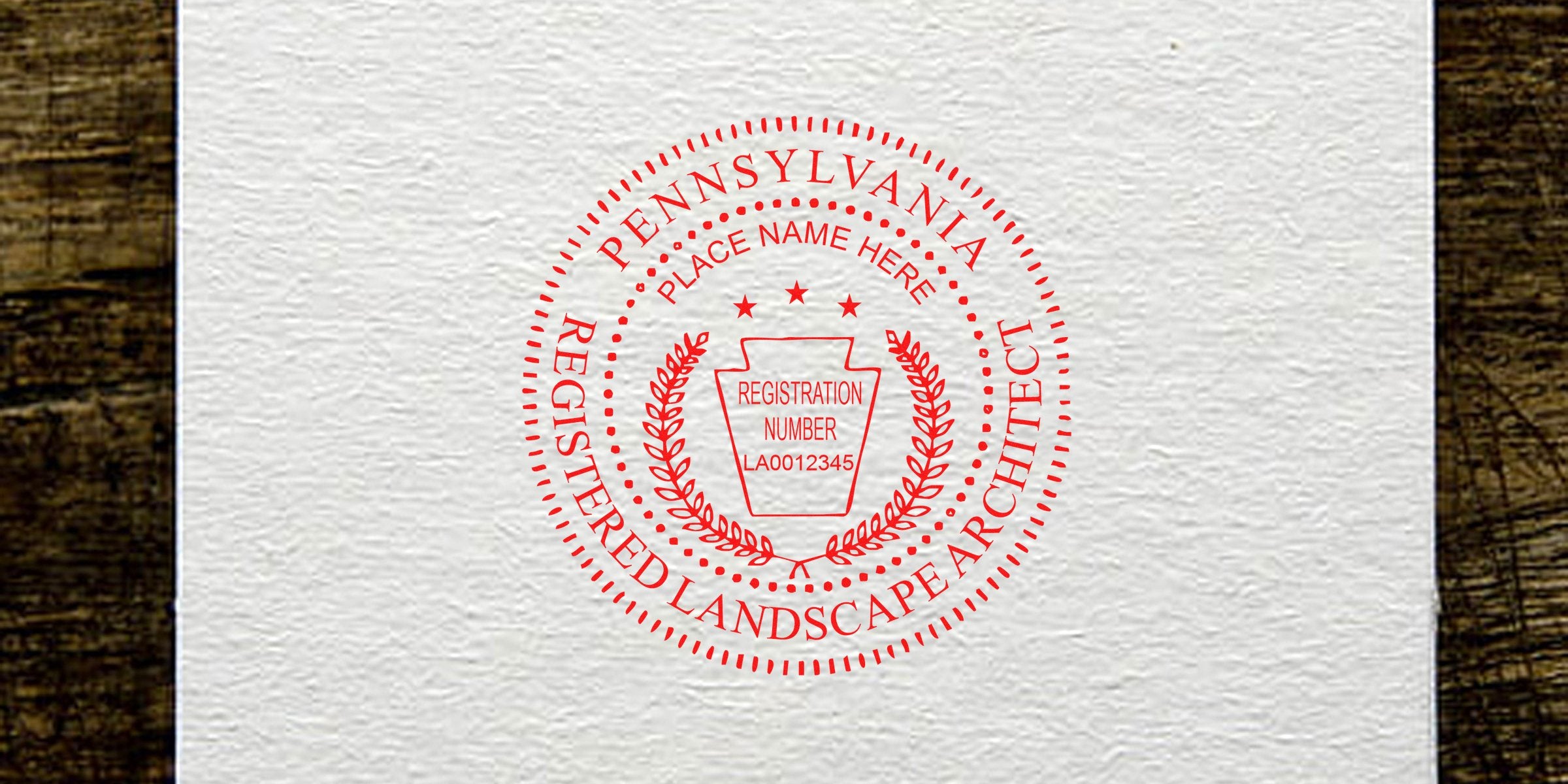 Official PA registered landscape architect red seal on textured paper, showcasing Pennsylvania stamp costs and postage rates.