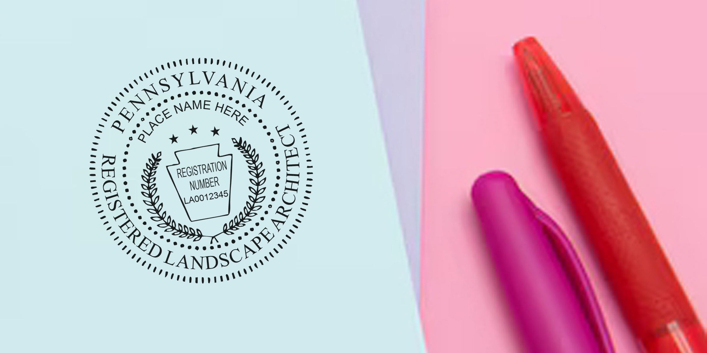 Pennsylvania landscape architect stamp with registration number LA0012345 on a pastel background, accompanied by red and purple pens, used as a landscape architect stamp template.