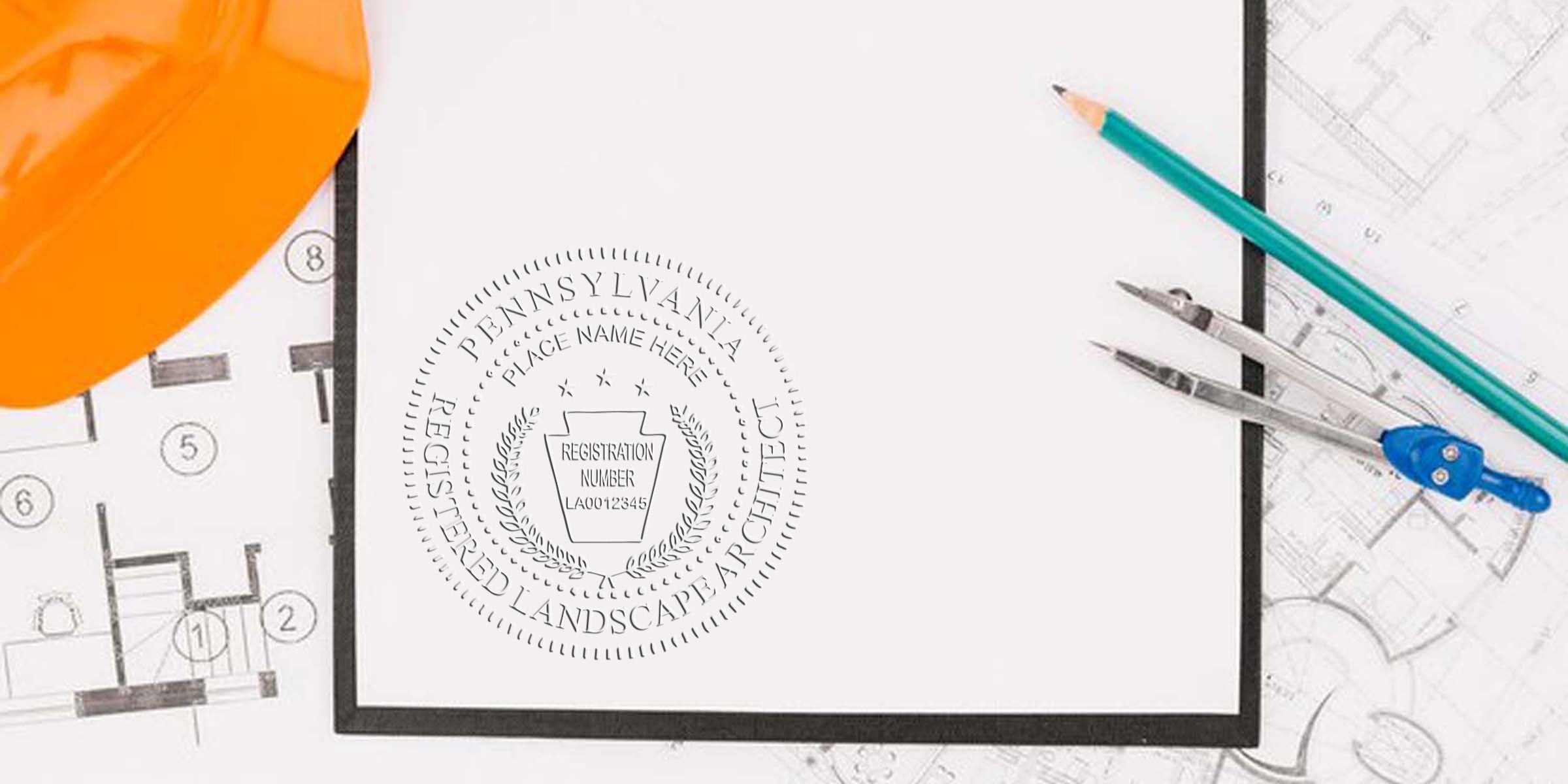 Pennsylvania landscape architect seal stamped on blueprint with orange safety helmet and drafting tools, adhering to landscape architect seal guidelines.