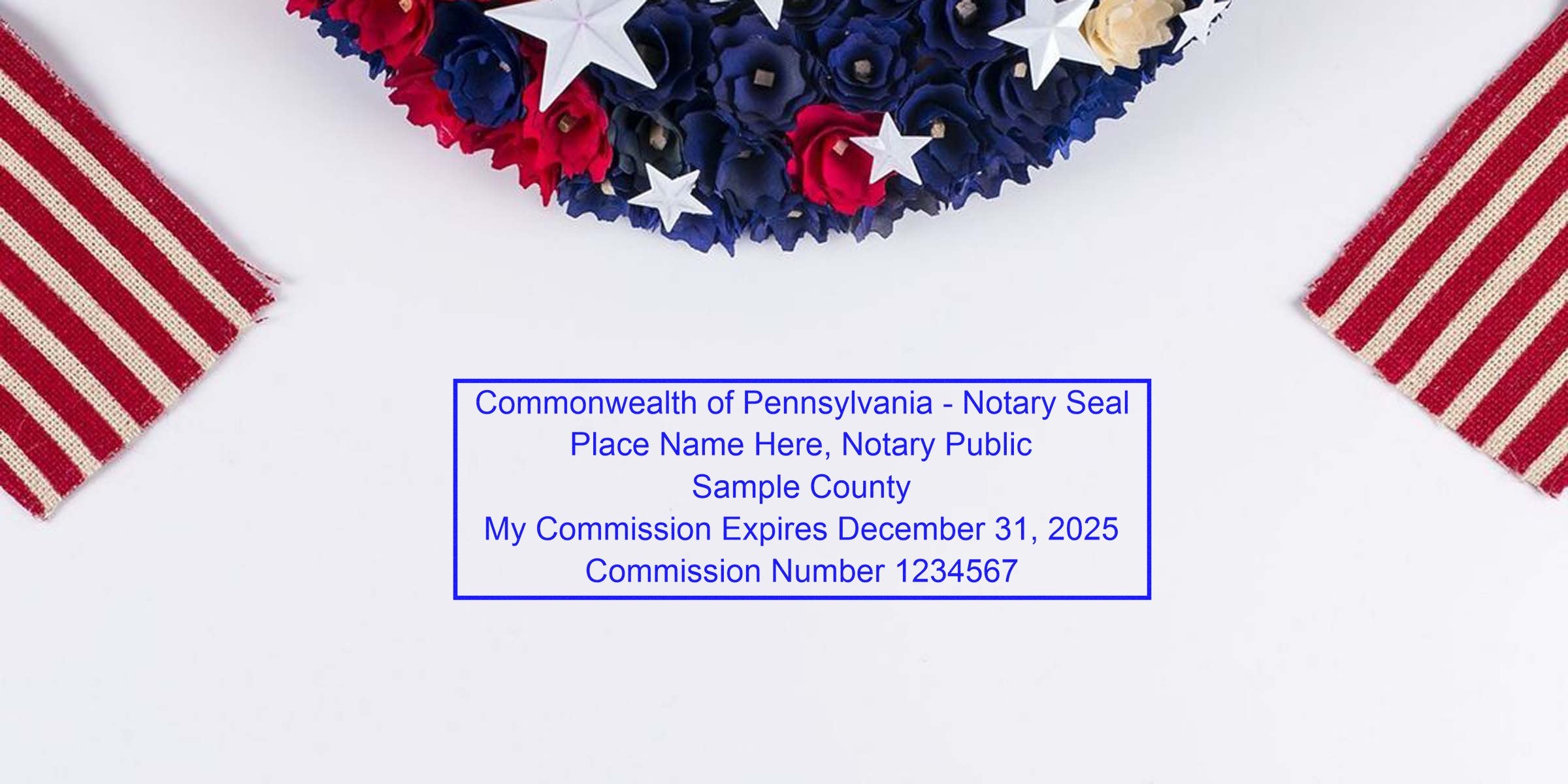Pennsylvania notary seal with patriotic wreath and American flags, a must-have for PA notary supplies and required notary tools.