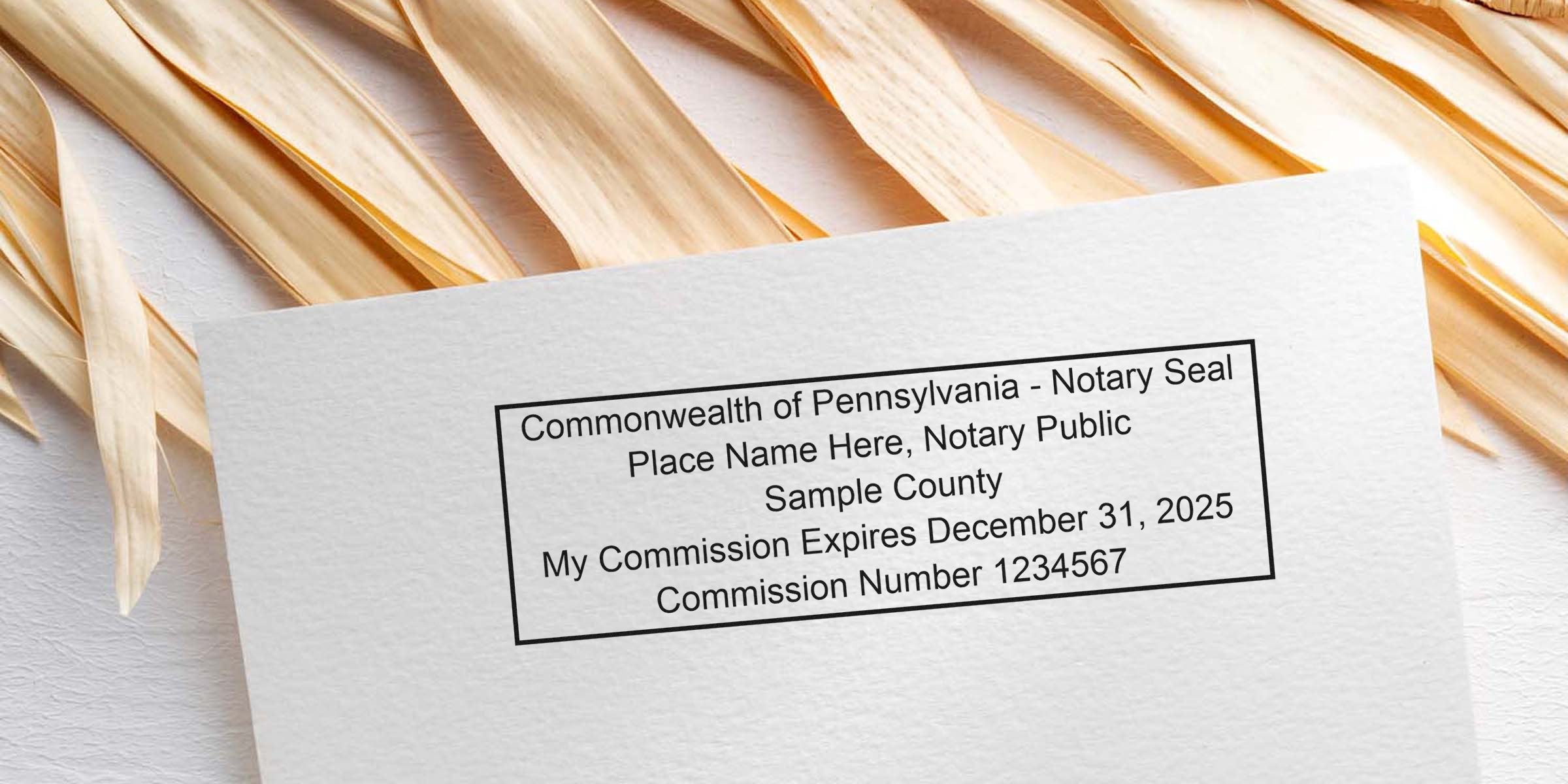 Pennsylvania notary seal on white paper, showing commission expiration date, PA notary stamp, and quality notary supplies.