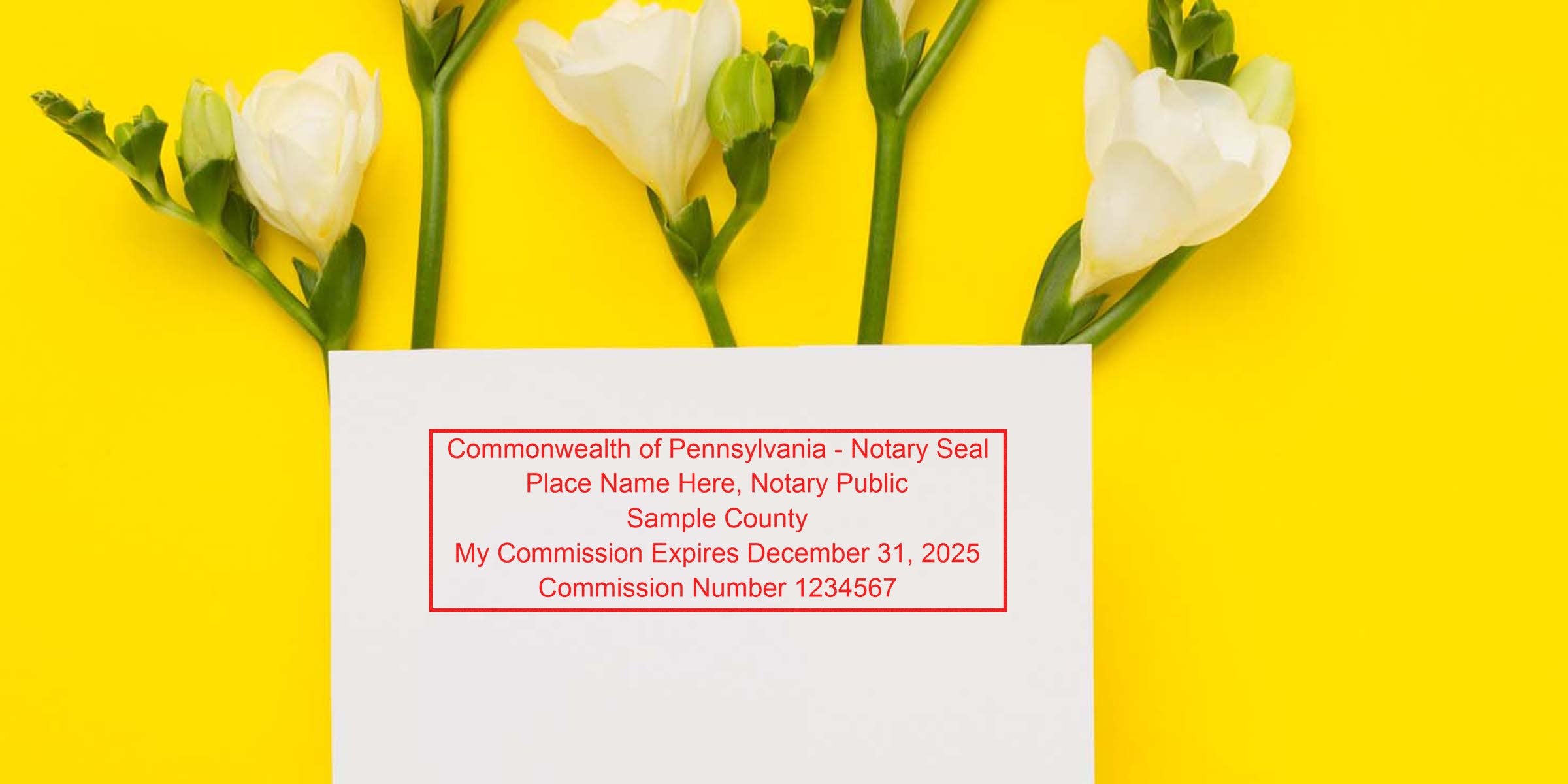 Pennsylvania notary seal with commission number and expiration on white paper, surrounded by white flowers on yellow background, alongside a Pennsylvania notary kit and supplies.